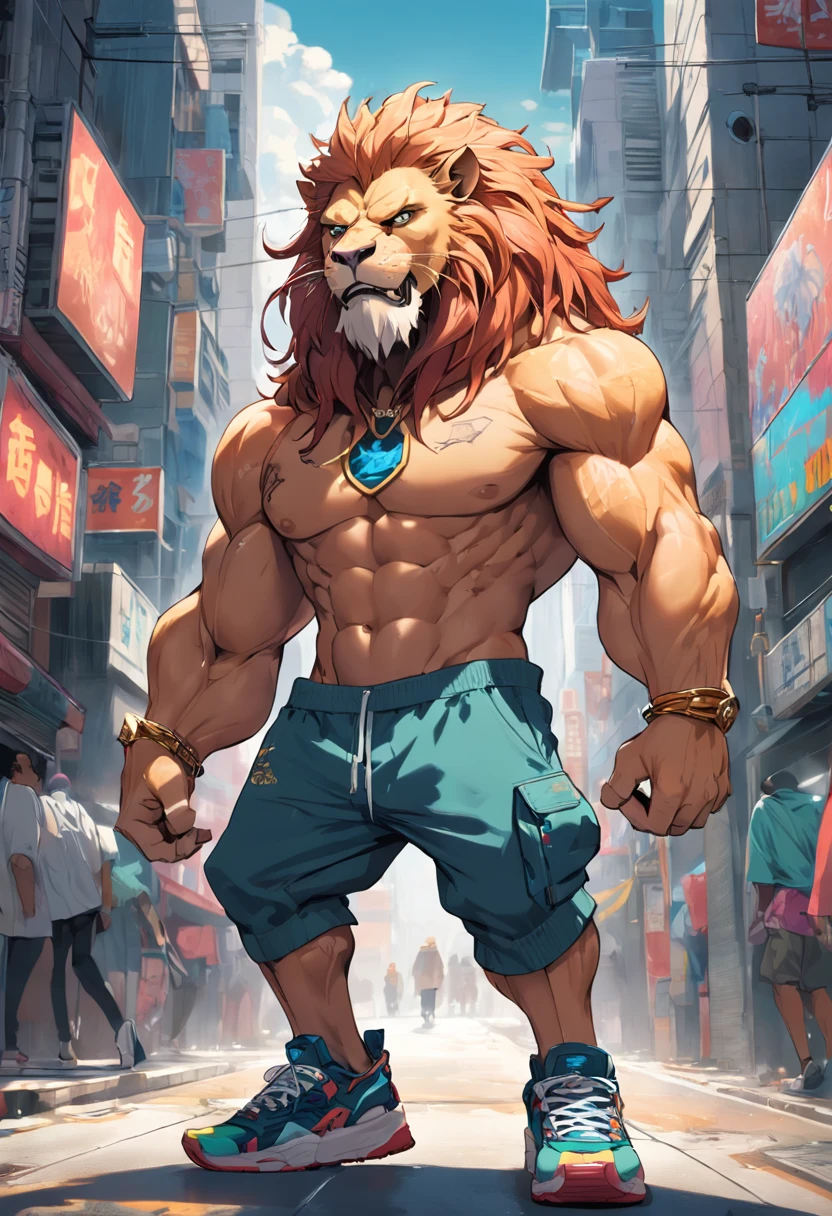 ((foto crua)), ((obra-prima)), Anthropomorphic humanoid lion wearing streetwear clothes, andando entre as pessoas, detalhe intrincado, intricate Greebles pieces, city behind, sneaker, corpo musculoso, muscular arms, small head, Ogro monstruoso, Titan, soft-lighting