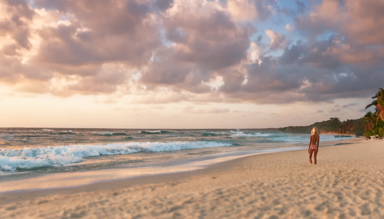 (blonde, 21 years old, brown eyes, sun burnt body) a young woman in her early twenties captures the essence of a sun-soaked getaway. She stands on the edge of a powdery beach, the shoreline stretching infinitely to meet the brilliant blue of the ocean. Her aura seems to blend seamlessly with the paradise around her. Her sun-kissed skin, bronzed to perfection, is adorned with a vibrant bikini that showcases a tropical pattern, reflecting the colors of the lush foliage that borders the beach. Her hair, a cascade of flowing blonde waves, dances in the wind as if mimicking the rhythm of the waves behind her. Her brown eyes hold a hint of adventure, glistening like the sunlight on the water. With her head tilted slightly and a serene smile gracing her lips, she radiates confidence and a carefree spirit. The snapshot immortalizes a moment of pure bliss, where the connection between her and the natural beauty of the world becomes indistinguishable. It's a frozen second of summer, inviting all who see it to join in the idyllic escape she embodies.