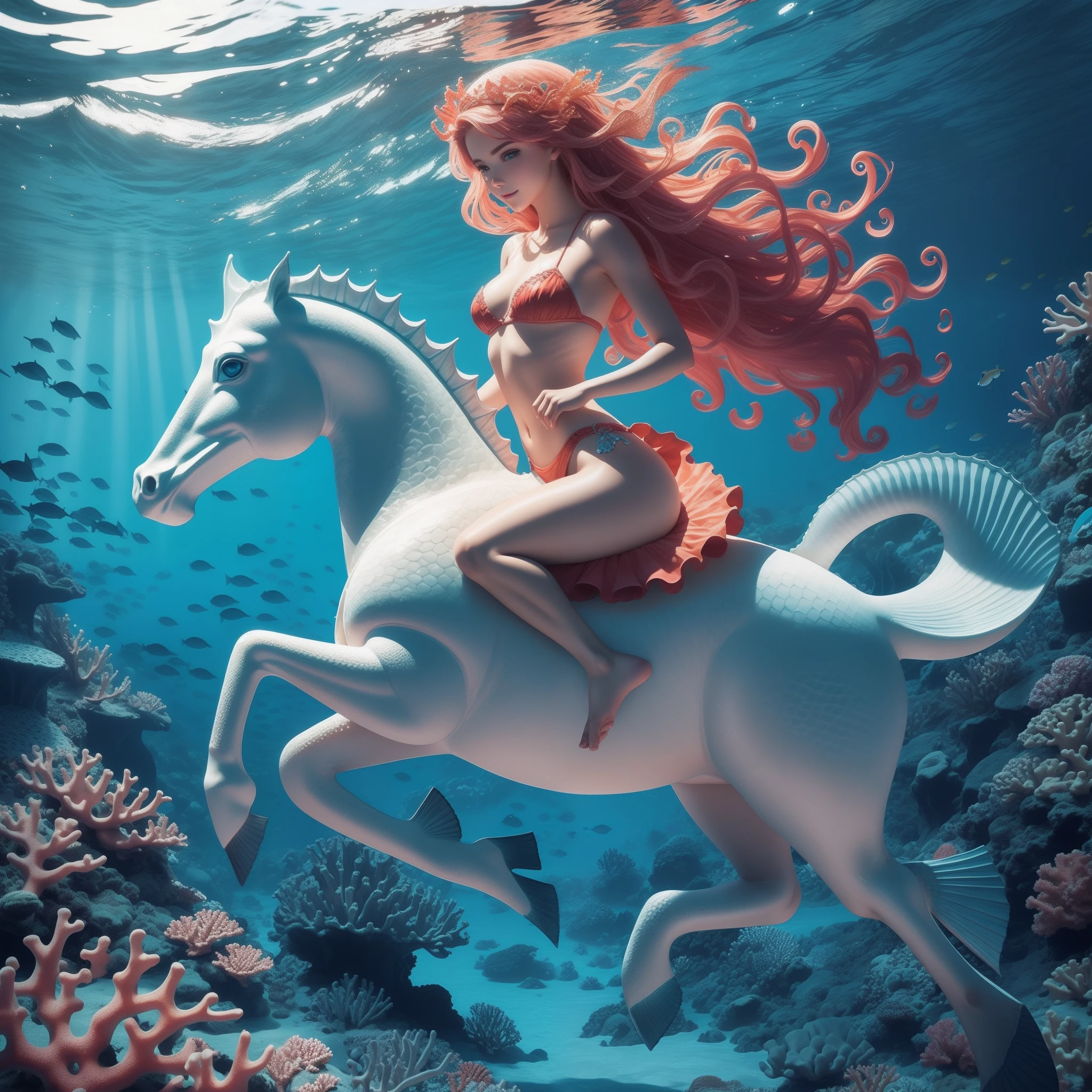 Ultra detailed perfect body and face, A water nymph riding on a seahorse in the ocean, beautiful coral reef, lots of colors