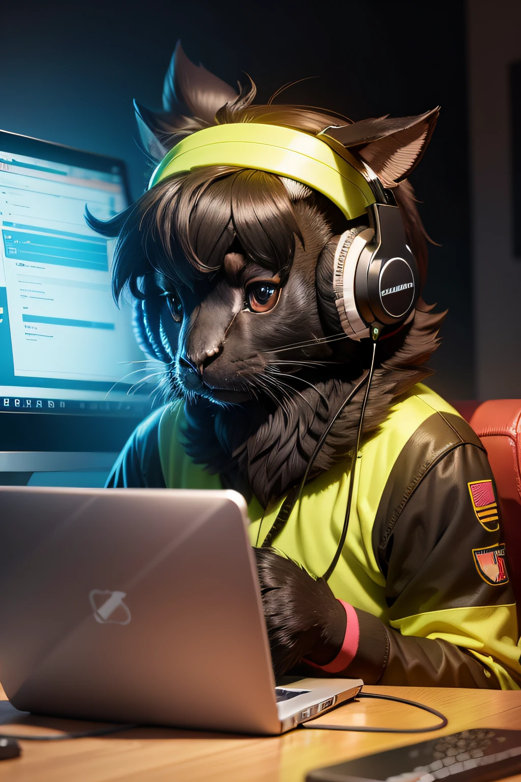 Animal guinea playing on computer while wearing headphones, estilo cartoon, 2d