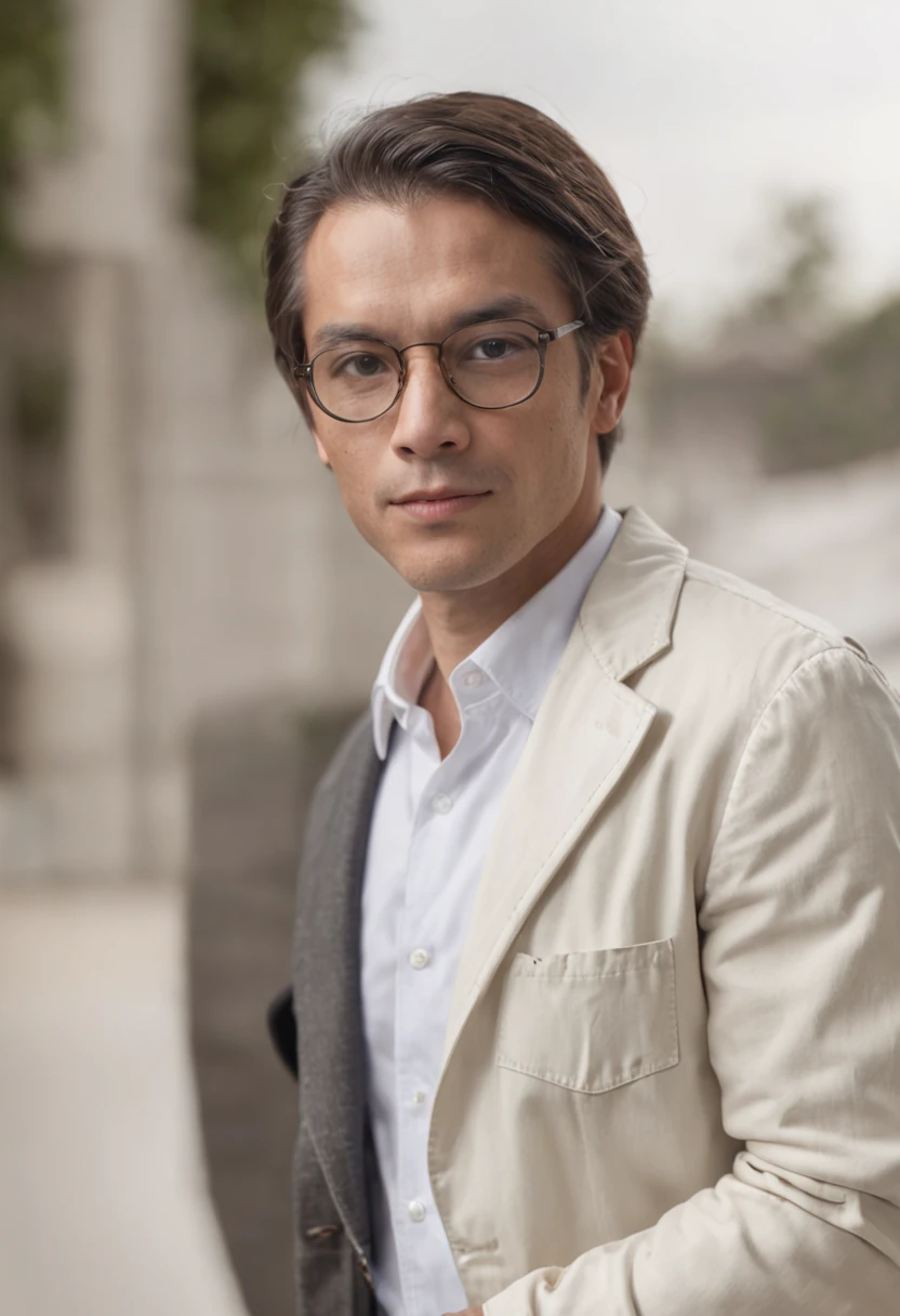 Man in glasses; cabelo preto; wearing a lab coat with his hands in his pockets.
