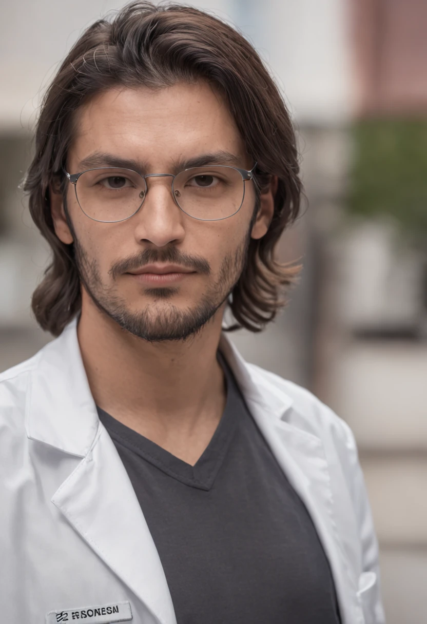 Man in glasses; cabelo preto; wearing a lab coat with his hands in his pockets.