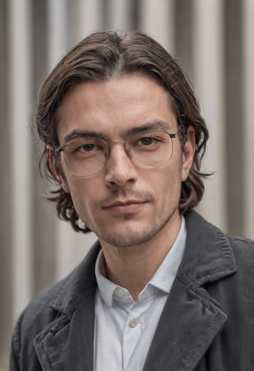 Man in glasses; cabelo preto; wearing a lab coat with his hands in his pockets.