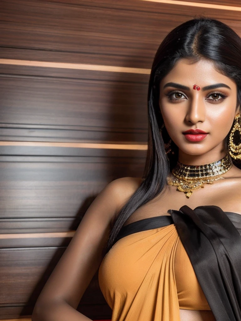 professional 8k high detail photo of ara333 looking at the camera, portrait of super indian model, beautiful face, big breast, dark red lips, fair glowing skin