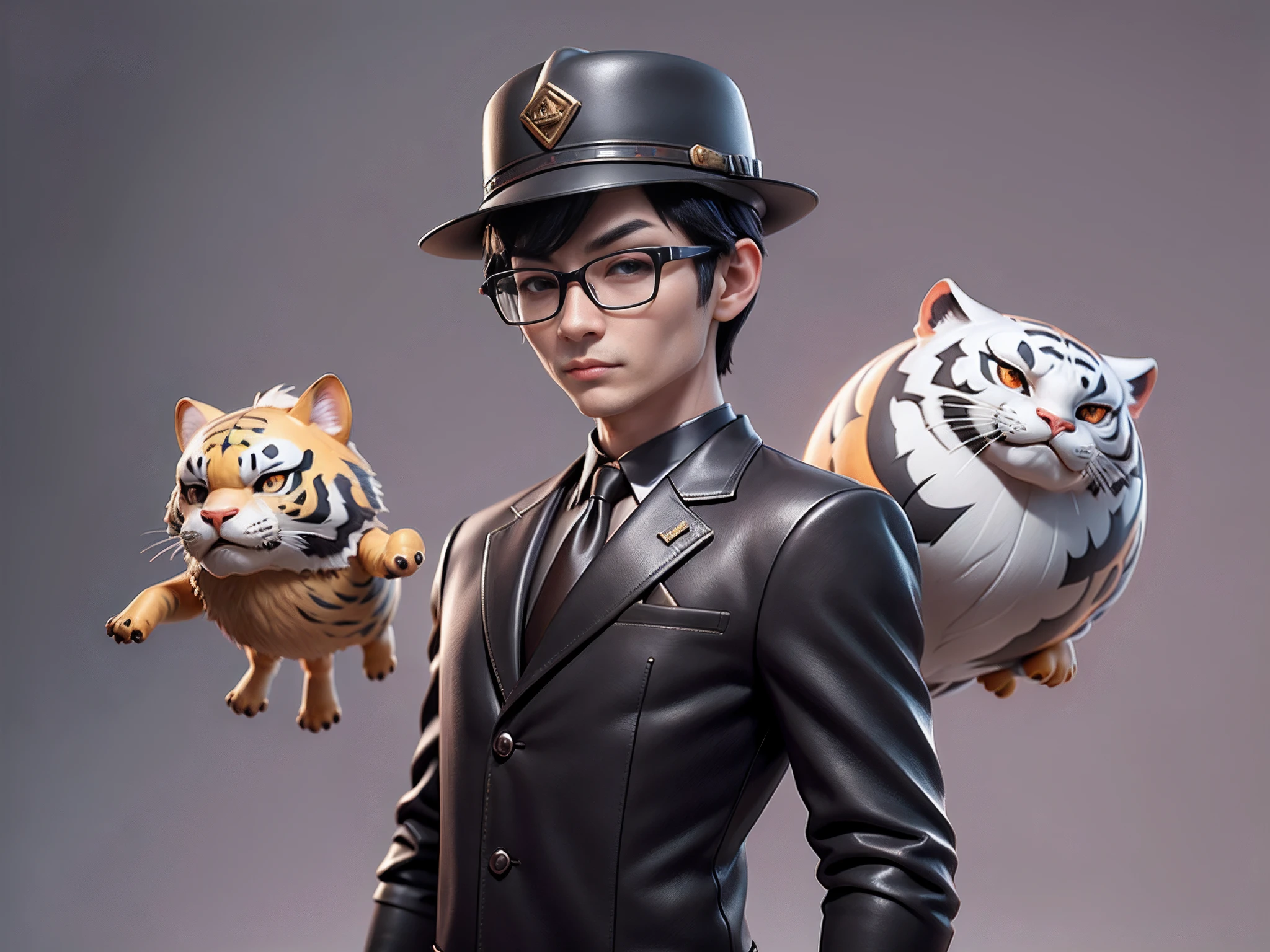 Young man with leather hat, tiger, dragon, oriental face in formal suit, short black hair, silver glasses, digital painting, 3D character design by Mark Clairedon and Pixar and Hayao Miyazaki and Akira Toriyama, the illustration is a high-definition illustration in 4K resolution with very detailed facial features and cartoon-style visuals.