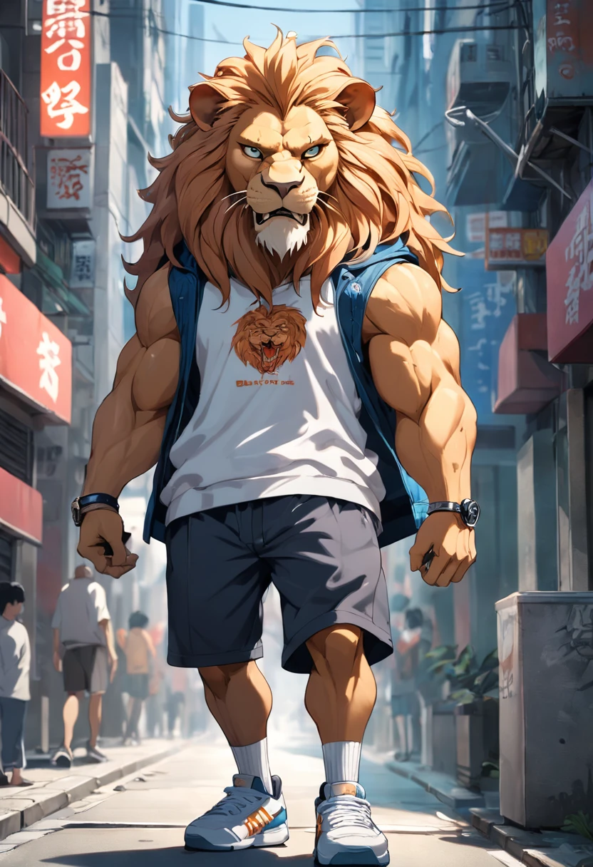 ((foto crua)), ((obra-prima)), Anthropomorphic humanoid lion wearing streetwear clothes, andando entre as pessoas, detalhe intrincado, intricate Greebles pieces, city behind, sneaker, corpo musculoso, muscular arms, small head, Ogro monstruoso, Titan, soft-lighting, hiper realista