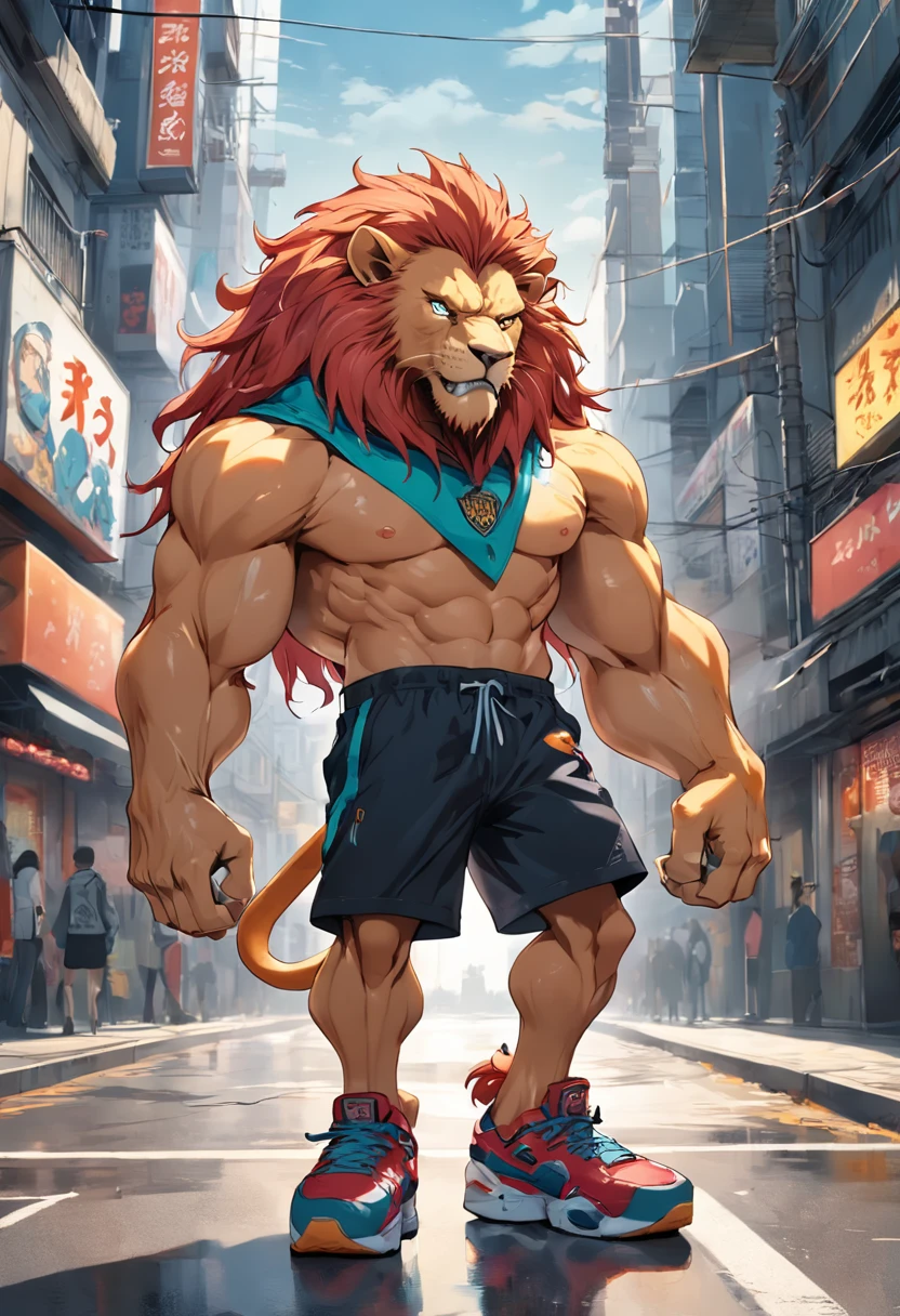 ((foto crua)), ((obra-prima)), Anthropomorphic humanoid lion wearing streetwear clothes, andando entre as pessoas, detalhe intrincado, intricate Greebles pieces, city behind, sneaker, corpo musculoso, muscular arms, small head, Ogro monstruoso, Titan, soft-lighting, hiper realista