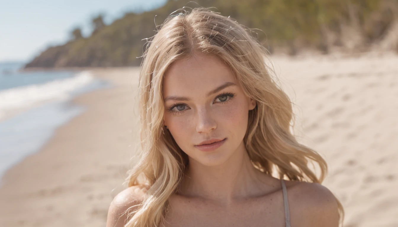 (blonde, 21 years old, brown eyes, sun burnt body) a young woman in her early twenties captures the essence of a sun-soaked getaway. She stands on the edge of a powdery beach, the shoreline stretching infinitely to meet the brilliant blue of the ocean. Her aura seems to blend seamlessly with the paradise around her. Her sun-kissed skin, bronzed to perfection, is adorned with a vibrant bikini that showcases a tropical pattern, reflecting the colors of the lush foliage that borders the beach. Her hair, a cascade of flowing blonde waves, dances in the wind as if mimicking the rhythm of the waves behind her. Her brown eyes hold a hint of adventure, glistening like the sunlight on the water. With her head tilted slightly and a serene smile gracing her lips, she radiates confidence and a carefree spirit. The snapshot immortalizes a moment of pure bliss, where the connection between her and the natural beauty of the world becomes indistinguishable. It's a frozen second of summer, inviting all who see it to join in the idyllic escape she embodies.