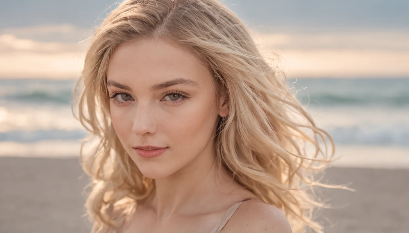 1 girl beautiful 13 years slim, lange blonde haare kleiner badeanzug, Meer wellen Strand Sommer Sonnen untergang, UHD, Meisterwerk, anatomisch korrekt, Hohe Detailgenauigkeit, hight resolution, best quality, Super detailliert, 8K