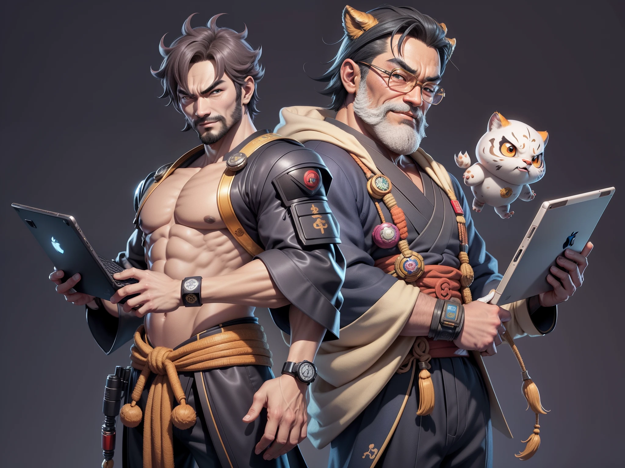 (Daisaku),(Need),(Super meticulous),(full bodyesbian:1.2),Super young man with Japanese geisha,Beautiful,orient,one tiger,Aeolian Thor,Raised sexy,爆乳,Oriental face,TV Anchor,Bust portrait illustration,In black suit,a blue tie,The face is slightly chubby,The face was clean,without a beard,Black super short hair,Black eyes,Smile confidently,3C computer sub-products,iPad, iphone,Digital painting,3D character design by Mark Clairen and Pixar and Hayao Miyazaki and Akira Toriyama,The illustration is a high-definition illustration in 4K resolution,With very detailed facial features and cartoon-style visuals。