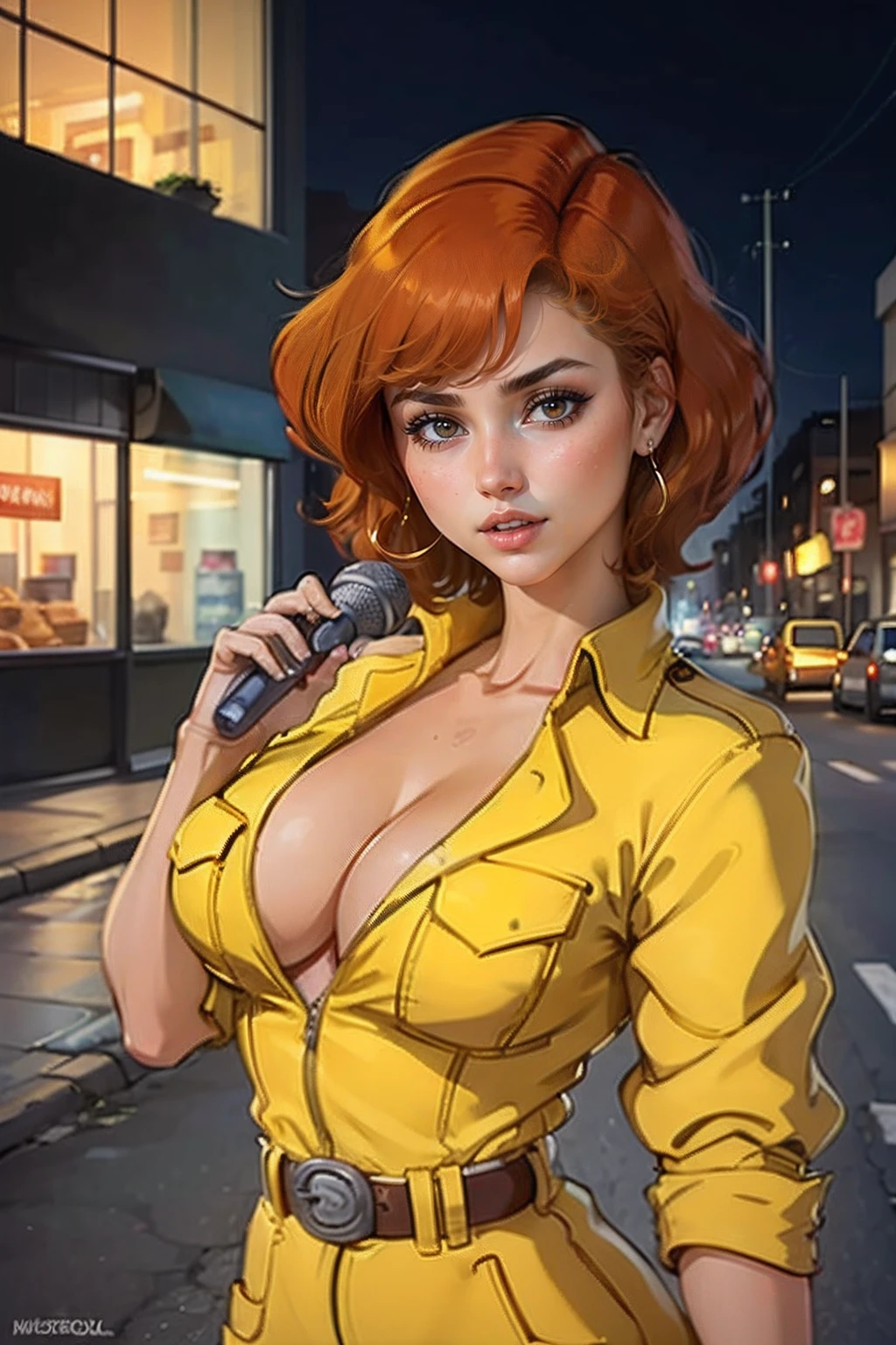 Disparo de vaquero, Abril O'Neil waifu, 1980s \(estilo\), 1 mujer, brown hair, Pelo rojo,pelo corto,cabello naranja,expresion seria, expresion preocupada, Estilo de arte retro, pelo corto, solamente,sujetando microfono con las manos, mujer reportera television,hablando por el microfono, traje de jersey amarillo, white belt,traje de jersey en las caderas amarillo, (desnudo_senos: 1.2), Medio_senos, escote, ojos hiperrealistas, Hermosos ojos,ojos detallados, cara realista, mujer bella mujer, fondo realista,Calle urbana, Luces nocturnas de la calle, Amazing lights, amazing background,microfono, microphone, tv reporter