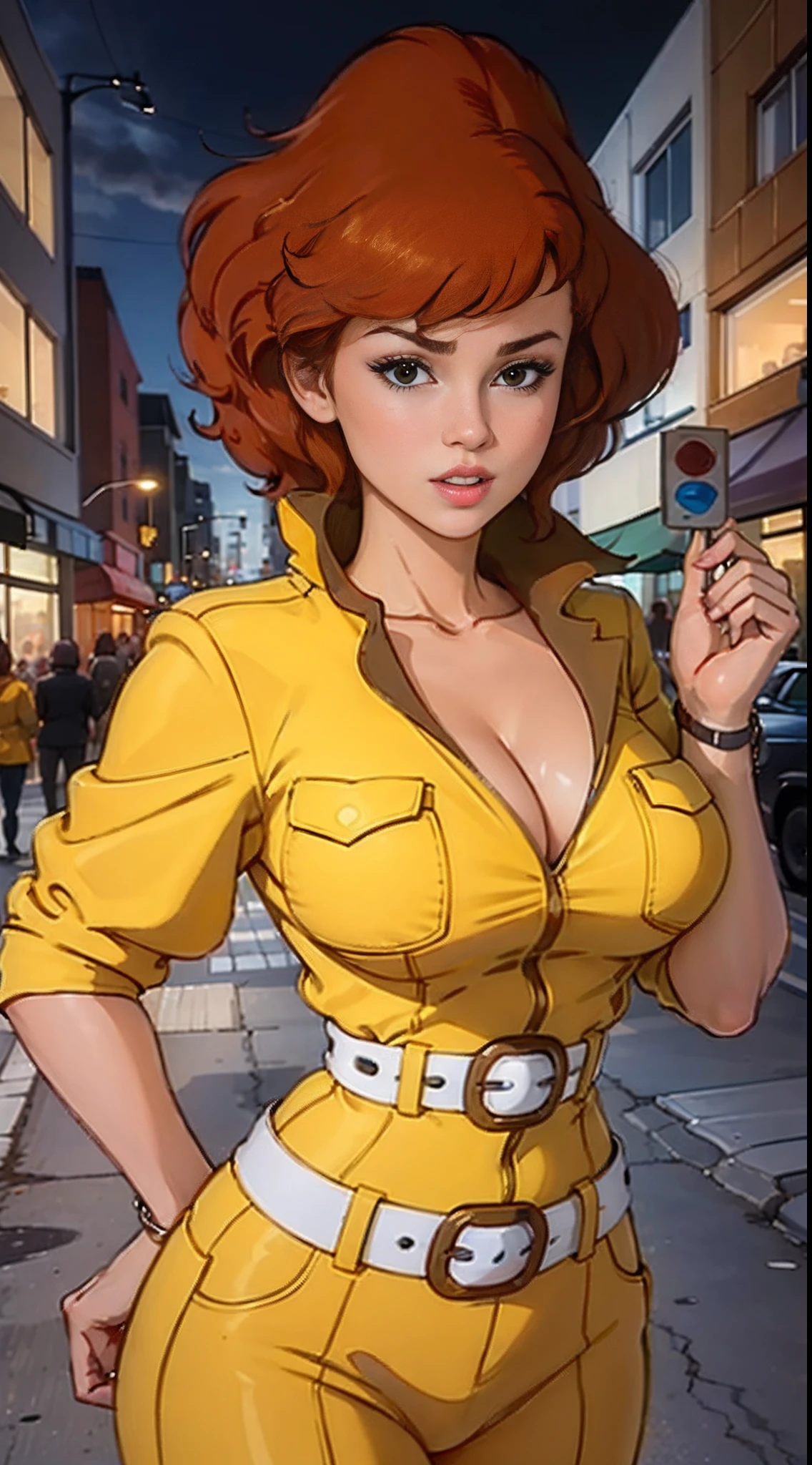 Disparo de vaquero, Abril O'Neil waifu, 1980s \(estilo\), 1 mujer, brown hair, Pelo rojo,pelo corto,cabello naranja,expresion seria, expresion preocupada, Estilo de arte retro, pelo corto, solamente, mujer reportera television,hablando por el microfono, traje de jersey amarillo, white belt,traje de jersey en las caderas amarillo, (desnudo_senos: 1.2), Medio_senos, escote, ojos hiperrealistas, Hermosos ojos,ojos detallados, cara realista, mujer bella mujer, fondo realista,Calle urbana, Luces nocturnas de la calle, Amazing lights, amazing background,microfono, microphone, tv reporter