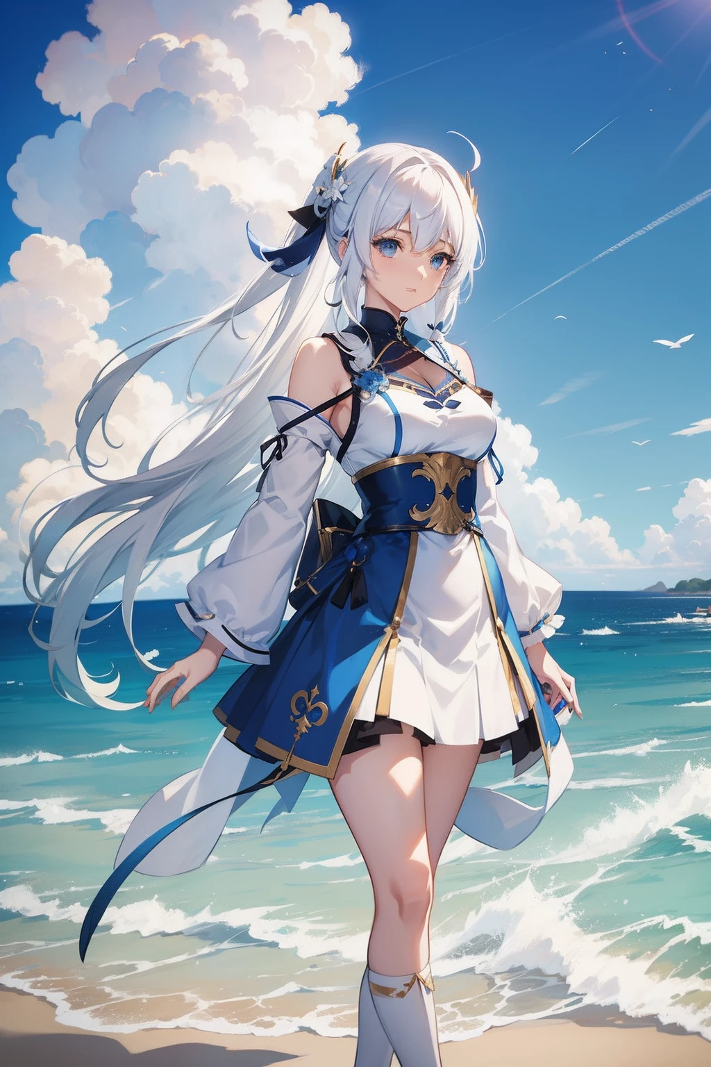 Anime girl with white hair and blue dress walking in the sky, Melhor Anime 4K Konachan Wallpaper, estilo anime 4K, kantai collection style, trending on artstation pixiv, 4 k manga wallpaper, Impacto de Ayaka Genshin, Guweiz em Pixiv ArtStation, cushart krenz arte chave feminina, Anime Art Wallpaper 8K