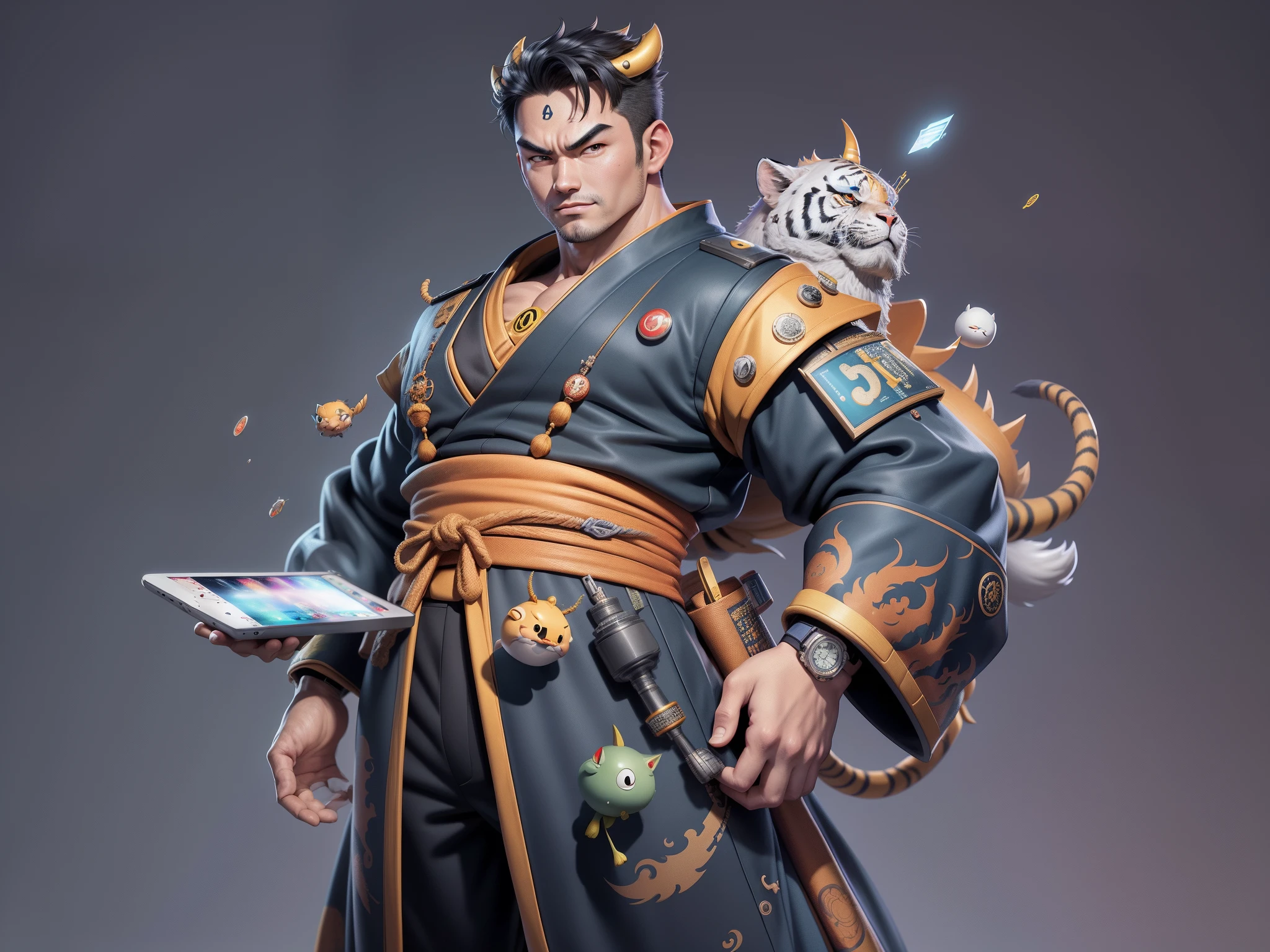 (Masterpiece), (Excellent), (Super Meticulous), (Full Body: 1.2), Super Young Man, Oriental Face, Japanese Kimono, Japanese Wind Thunder God, Dragon, Tiger, TV Anchor, Bust Portrait Illustration, Alone, Black Suit, Blue Tie, Slightly Chubby Face, Very Clean Face, No Beard, Black Super Short Hair, Black Eyes, Confident Smile, 3c Computer Sub-Products, iPad, iPhone, Digital Painting, 3D Character Design by Akira Toriyama and Mark Claireden and Pixar and Hayao Miyazaki, The illustration is a high-definition illustration in 4K resolution with very detailed facial features and cartoon-style visuals.