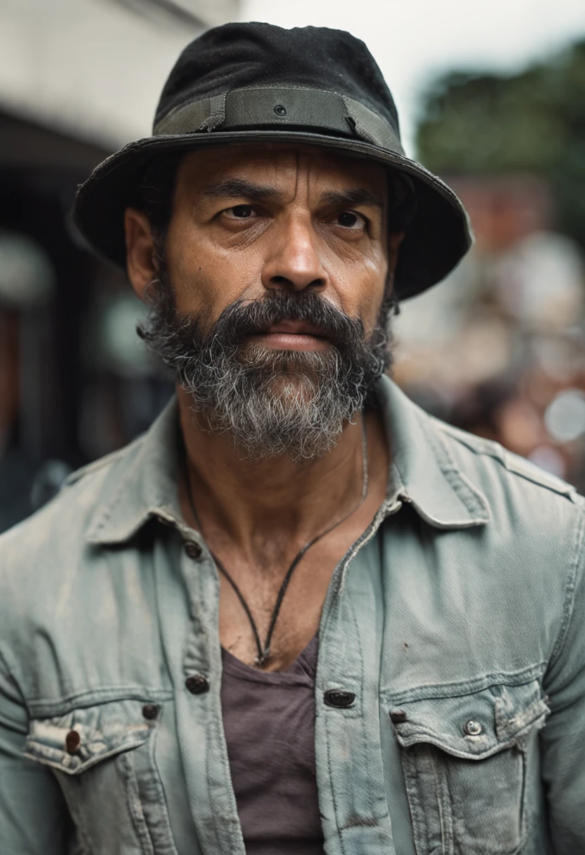 homem bonito, 40 anos, homem, sozinho, bonnet, white cap, magro, forte, olhos pretos, cabelo preto e grisalho, sem barba, Man in the Treme, cena de filme, realismo