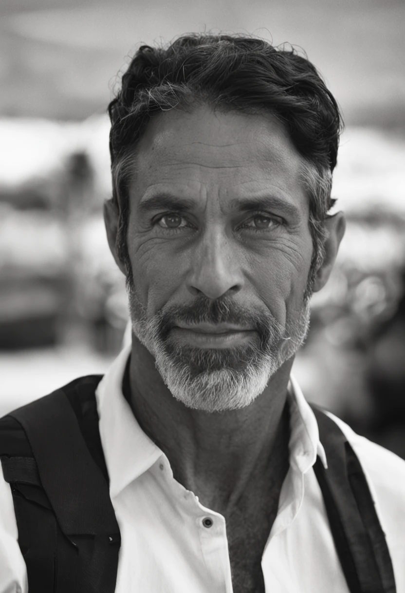 homem bonito, 40 anos, homem, sozinho, bonnet, white cap, magro, forte, olhos pretos, cabelo preto e grisalho, sem barba, Man in the Treme, cena de filme, realismo