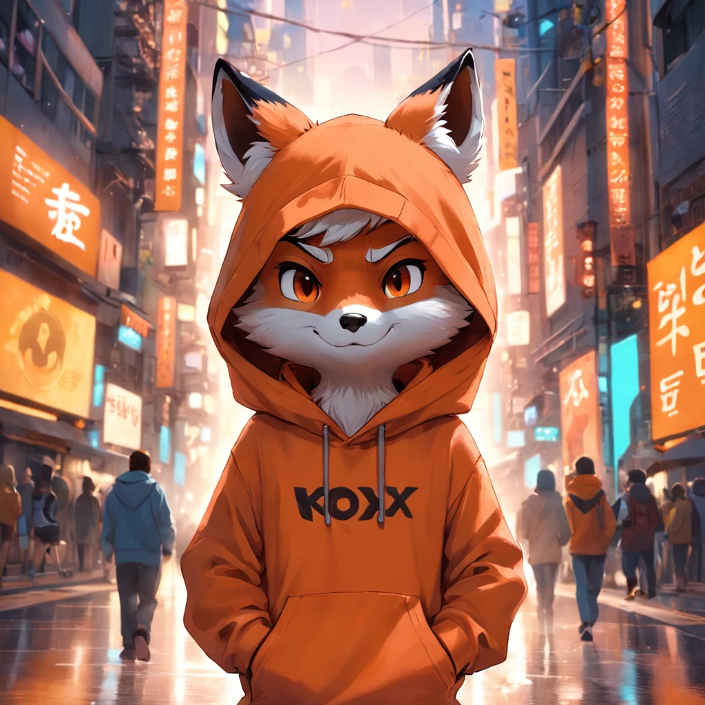 Adorable fox in Pixar movie style, usando um capuz, cinematic lighthing, Depth detection, hiper detalhada, qualidade 8k. One hand crossed the hundred，parte superior do corpo  macho, melhor qualidade, human-like body figure), looking at the viewer in orange hoodie and sunglasses holding the cell phone, raposa, imagem do avatar, com roupa futurista, CGSetnação ),gostar, arte profissional, CGsociety - W 1 0 2 4 - N 8 - I,The name is Kan, his name is Kan