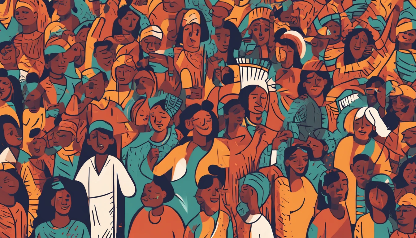In the main illustration, Diverse people come together in a collective expression of independence, their voices converging in a unison cry that echoes empowerment and unity. Each figure depicted has unique traits, evidenciando a diversidade, as their voices harmonize into a powerful symbol of collective action. The image captures the strength that resides in unity, reminding us of the transformative impact that collaboration and solidarity can achieve.