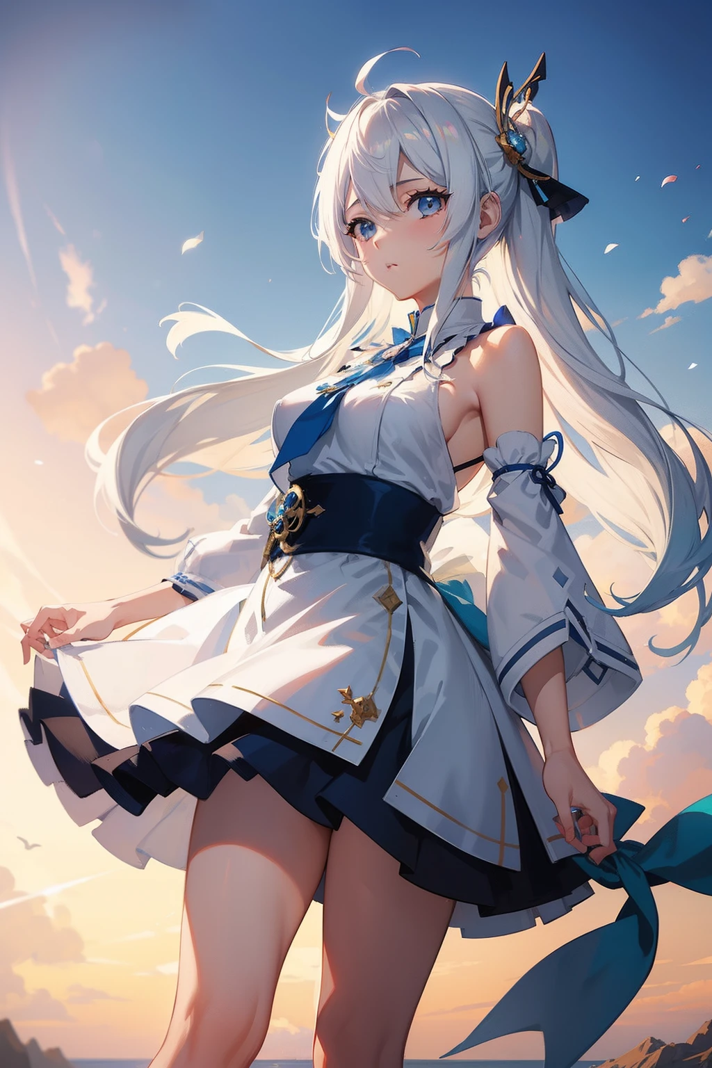 Anime girl with white hair and blue dress walking in the sky, Melhor Anime 4K Konachan Wallpaper, estilo anime 4K, kantai collection style, trending on artstation pixiv, 4 k manga wallpaper, Impacto de Ayaka Genshin, Guweiz em Pixiv ArtStation, cushart krenz arte chave feminina, Anime Art Wallpaper 8K