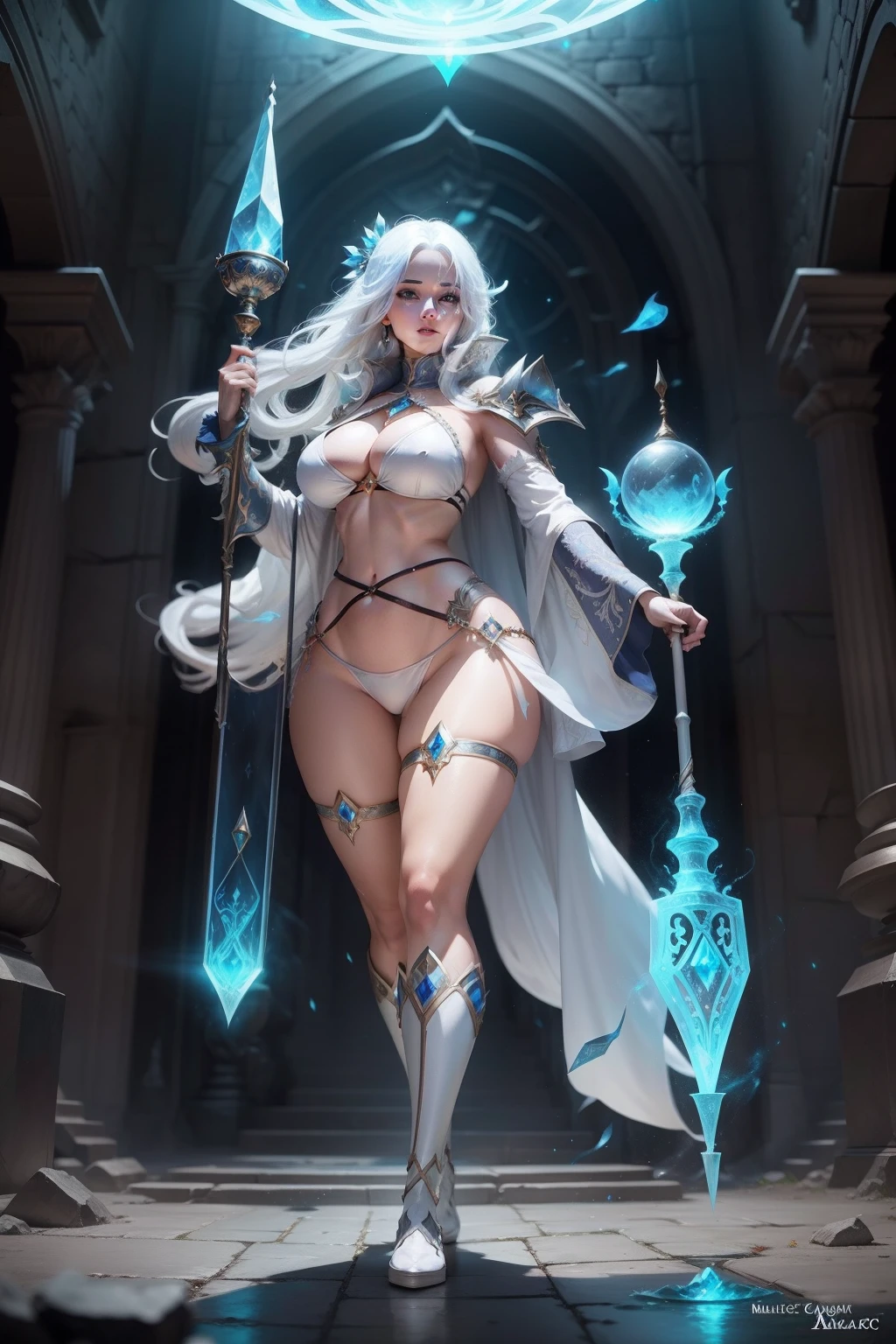 thick white haired female battlemage with hourglass figure and magical staff in bikini, magical tome floating