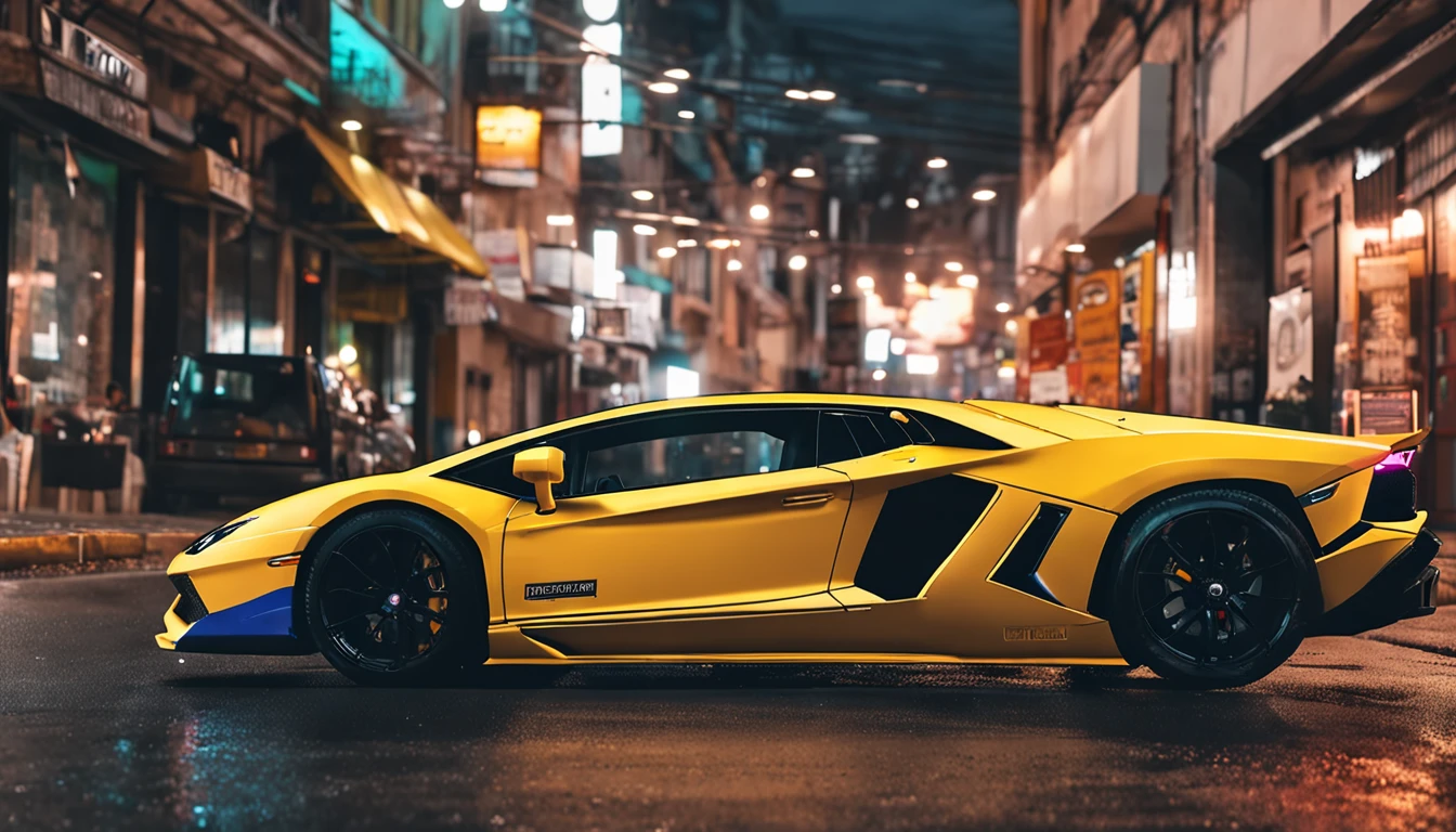 Um close up de um carro Lamborghini estacionado em uma rua da cidade, wallpaper mobile, cinematic poster, papel de parede do telefone, como matriz, cartaz motivacional,Lamborghini carro, money raining from the sky,cinematic wallpaper 4k, cinematic 4k wallpaper, Matriz LUT, poster!!!, GTA V Estilo Poster, fotografia automotiva, cinematic matte illustration, matte digital illustration, paper awesome wallpaper, cartaz de filme de pintura fosca, gta arte da tela de carregamento, wallpaper mobile