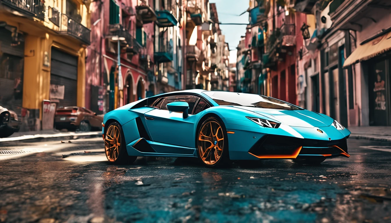 Um close up de um carro Lamborghini estacionado em uma rua da cidade, wallpaper mobile, cinematic poster, papel de parede do telefone, como matriz, cartaz motivacional,Lamborghini carro,  money raining from the sky,cinematic wallpaper 4k, cinematic 4k wallpaper, Matriz LUT, poster!!!, GTA V Estilo Poster, fotografia automotiva, cinematic matte illustration, matte digital illustration, paper awesome wallpaper, cartaz de filme de pintura fosca, gta arte da tela de carregamento, wallpaper mobile