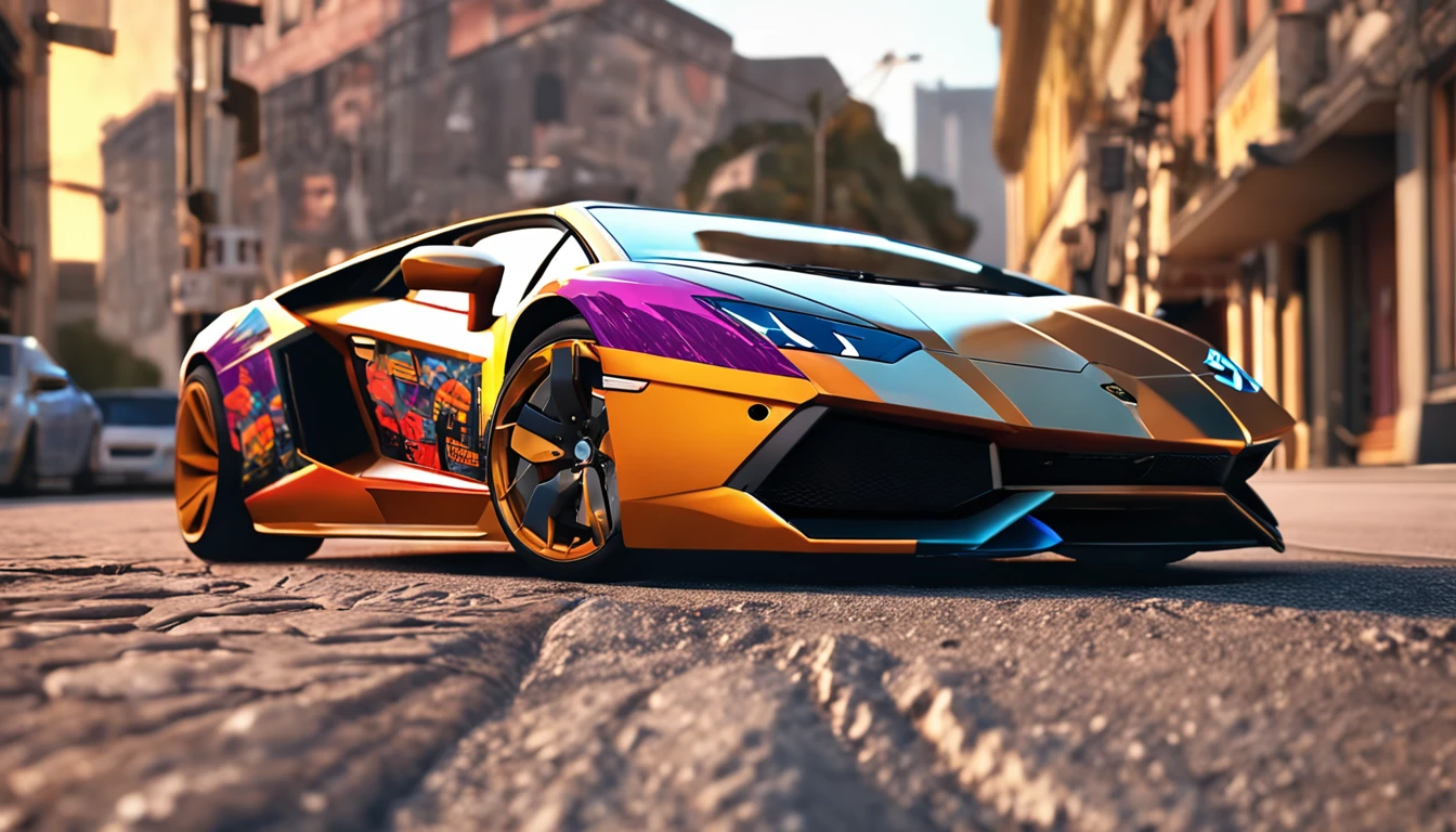 Um close up de um carro Lamborghini estacionado em uma rua da cidade, wallpaper mobile, cinematic poster, papel de parede do telefone, como matriz, cartaz motivacional,Lamborghini carro,  money raining from the sky,cinematic wallpaper 4k, cinematic 4k wallpaper, Matriz LUT, poster!!!, GTA V Estilo Poster, fotografia automotiva, cinematic matte illustration, matte digital illustration, paper awesome wallpaper, cartaz de filme de pintura fosca, gta arte da tela de carregamento, wallpaper mobile