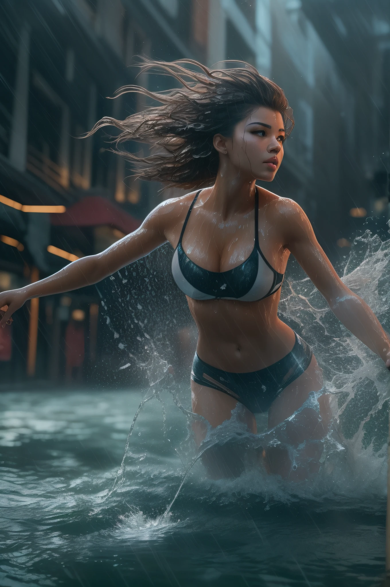 A very violent current plagues the staff. bright lightning beams flash through the sky everywhere. There is also a violent wind and the water are everywhere at and height of one meter. A dark brown-haired photographically ebony and muscular 25-year-old naked Zendaya as she runs along the quay of a river flowing through a futuristic city with her wet hair and in the rough wind. attractive body :1.4), sit-ups :1.1, ), (wet rainy, wet by rain, wet body :1.2), ((thin waist)), ultra-detailed face, detailed lips, detailed eyes, double eyelid, visible veins and curves, pool party, pool. super detailed photography, Play of light in the sun rain, downpour, ((a drop of water falling from a height onto the surface of the water)), splashes, luminism, intricate, 4k concept art volumetric light, unrealistic engine, global illumination, detailed environment.