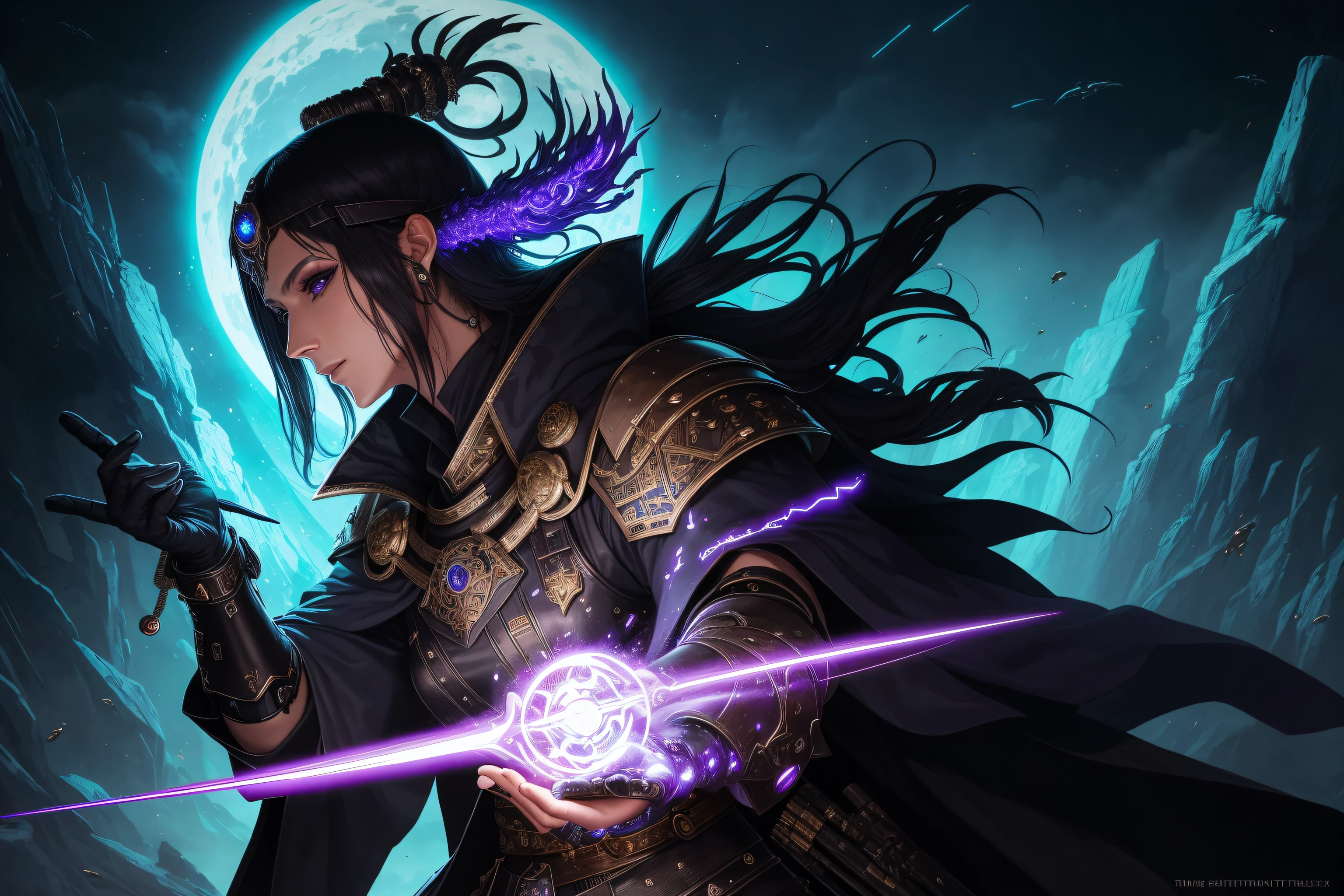 nijistyle,rfktr_technotrex,cyberpunk (sorceress:1.2) casting spells wearing armor, robes, cape, blend fantasy and science fiction together, techno-mancer inspired by D&D, Shadowrun, forgotten realms, wizards of the sword coast, fantasy flight,fcPortrait