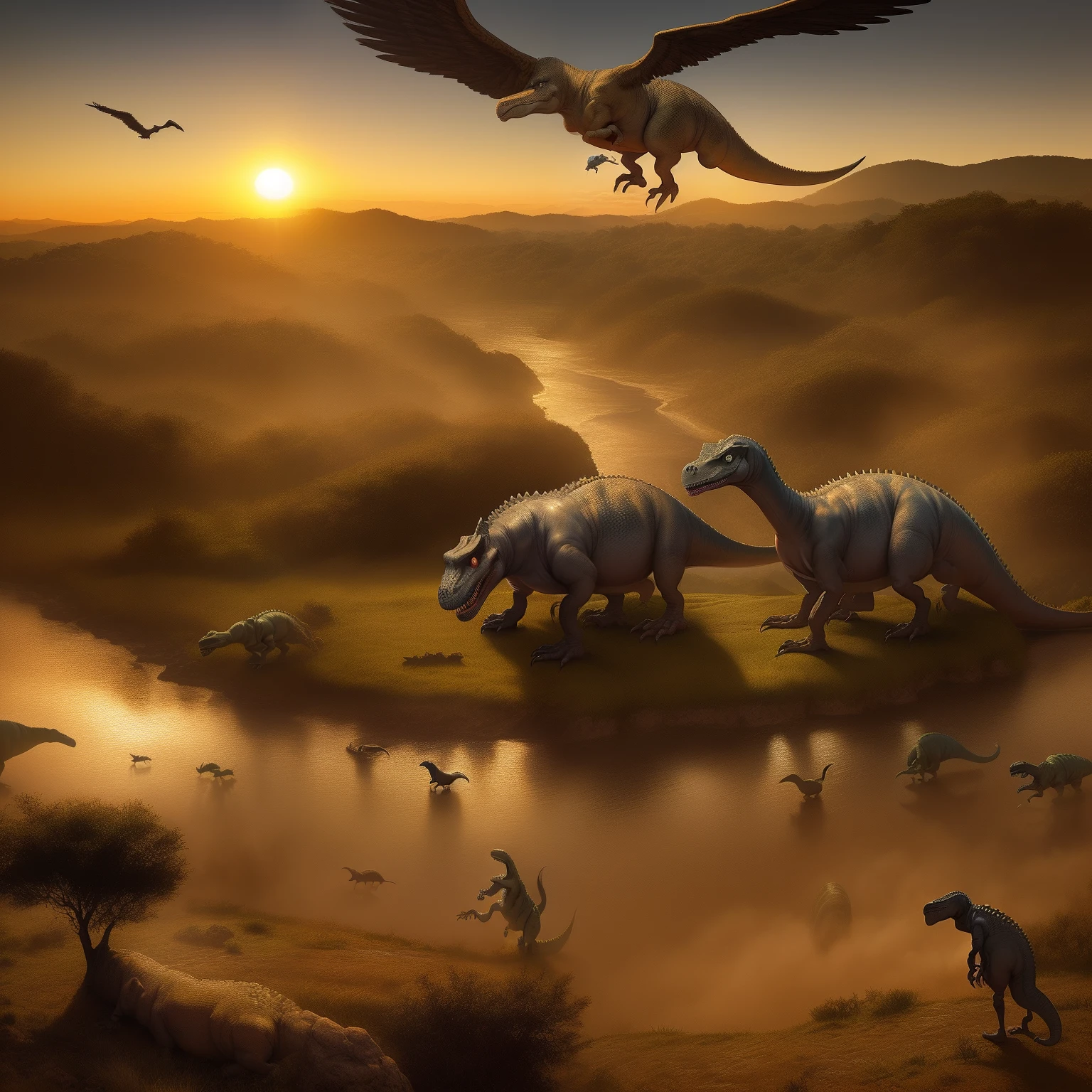 Dinosaurs hunting in flocks, Prehistoric landscape, margem de rio, por do sol.