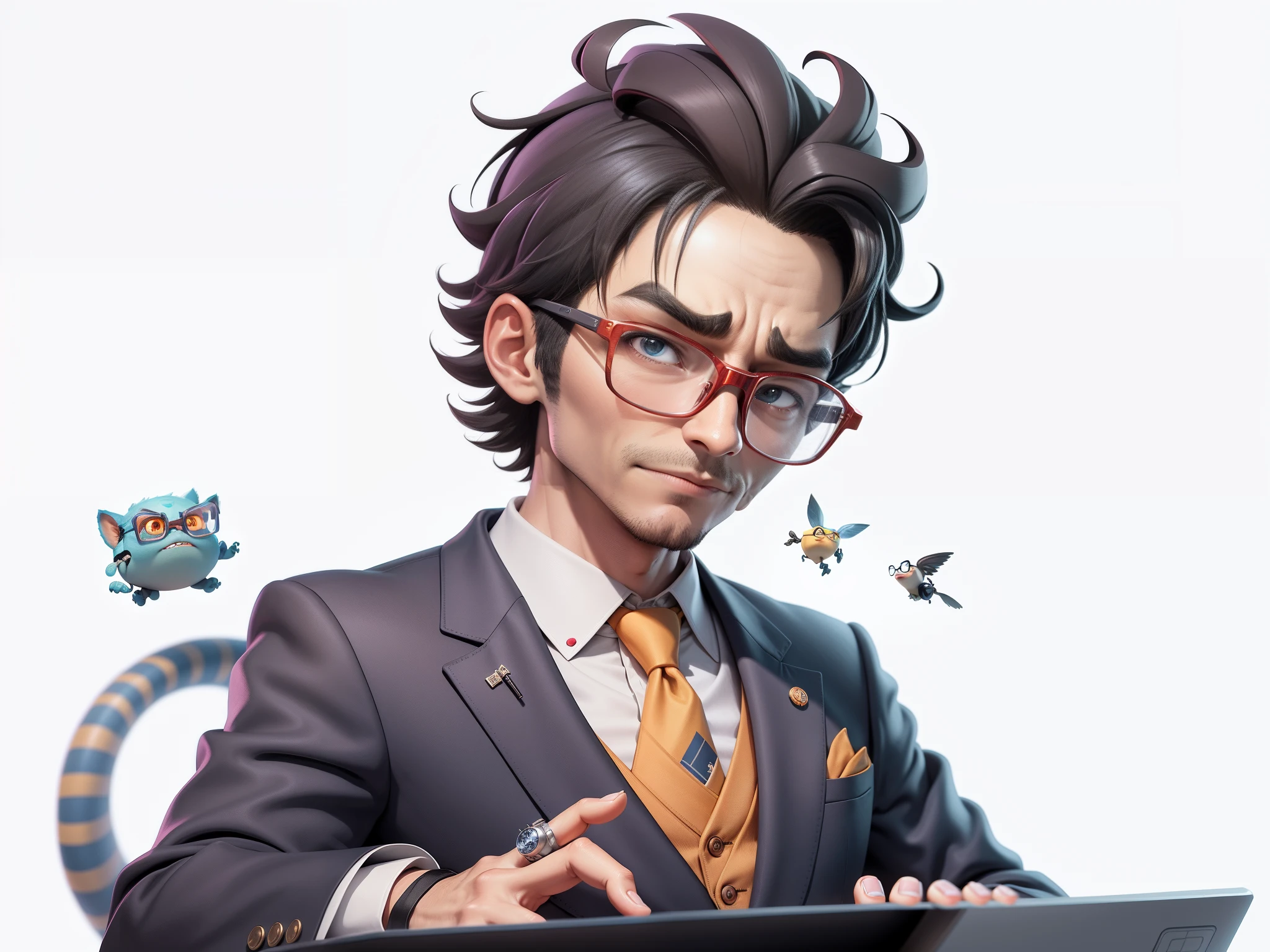 A young man in a suit, Short hair and glasses sat at his desk,holding laptop,digitial painting,tigre,3D character design by Mark Clairen and Pixar and Hayao Miyazaki and Akira Toriyama,4K HD illustration,Very detailed facial features and cartoon-style visuals。
