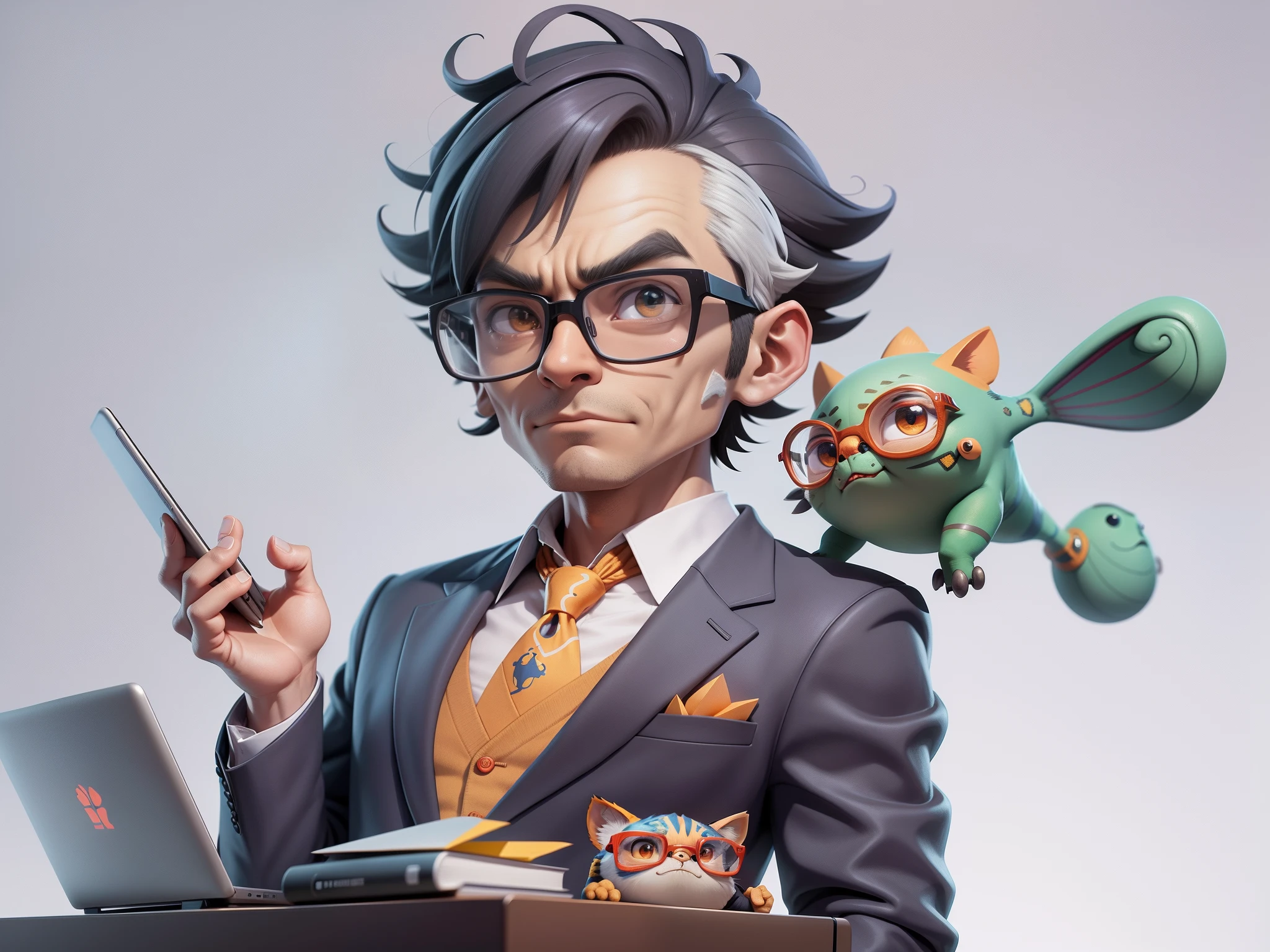 A young man in a suit, Short hair and glasses sat at his desk,holding laptop,digitial painting,tigre,3D character design by Mark Clairen and Pixar and Hayao Miyazaki and Akira Toriyama,4K HD illustration,Very detailed facial features and cartoon-style visuals。