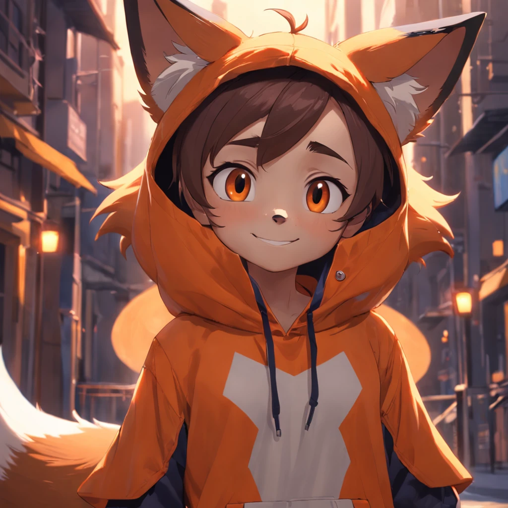 Adorable fox in Pixar movie style, usando um capuz, cinematic lighthing, Depth detection, hiper detalhada, qualidade 8k. One hand crossed the hundred,parte superior do corpo macho, melhor qualidade, human-like body figure), sorriso suave,de baixo, looking at the viewer in orange hoodie and sunglasses holding the cell phone, raposa, imagem do avatar, com roupa futurista, CGSetnação ),gostar, arte profissional, CGsociety - W 1 0 2 4 - N 8 - I,The name is Kan, his name is Kan
