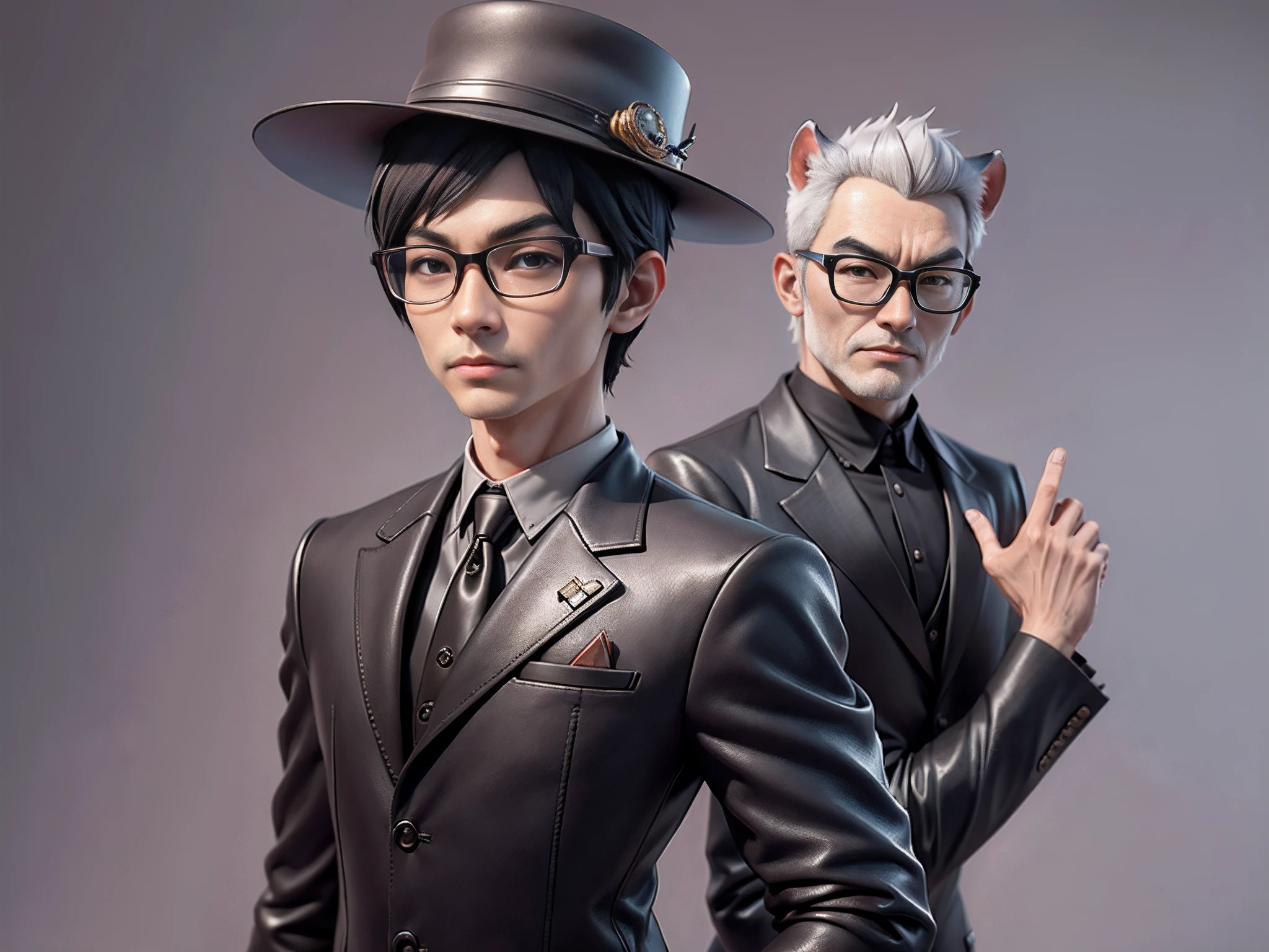 Young man with oriental face in leather hat, tiger, oriental face in formal suit, short black hair, silver glasses, digital painting, 3D character design by Mark Clairedon and Pixar and Hayao Miyazaki and Akira Toriyama, the illustration is a high-definition illustration in 4K resolution with very detailed facial features and cartoon-style visuals.