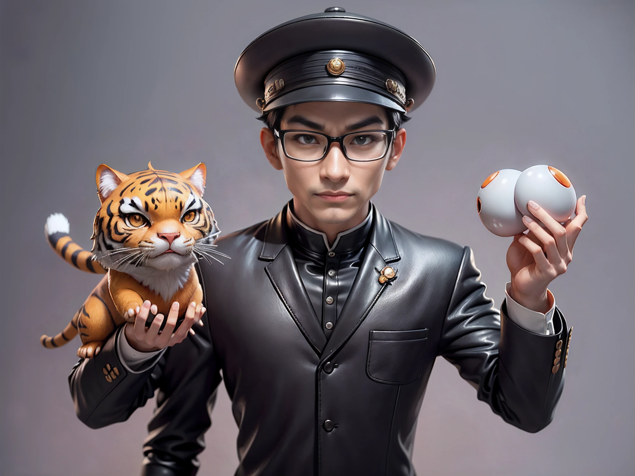 Young man with oriental face in leather hat, tiger, oriental face in formal suit, short black hair, silver glasses, digital painting, 3D character design by Mark Clairedon and Pixar and Hayao Miyazaki and Akira Toriyama, the illustration is a high-definition illustration in 4K resolution with very detailed facial features and cartoon-style visuals.