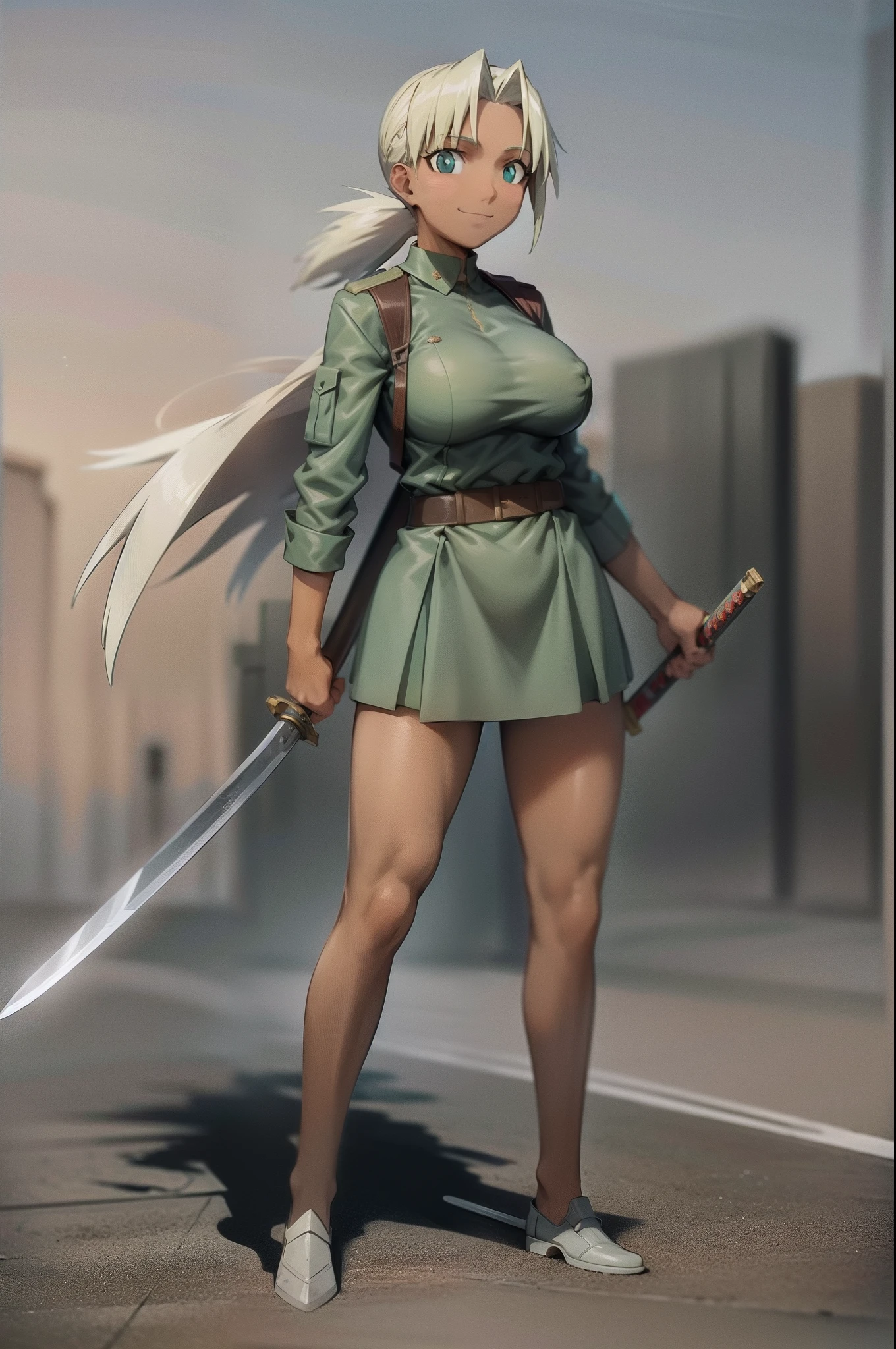 Kaolla , long dress, short pants, big breast, standing smile, german cloths, knight, warior, sword holding, full body