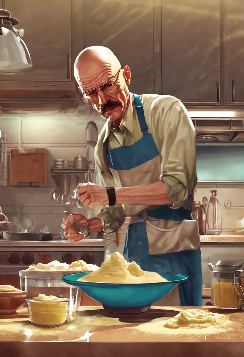 Walter white stirring a bowl of pancake batter, on the kitchen counter