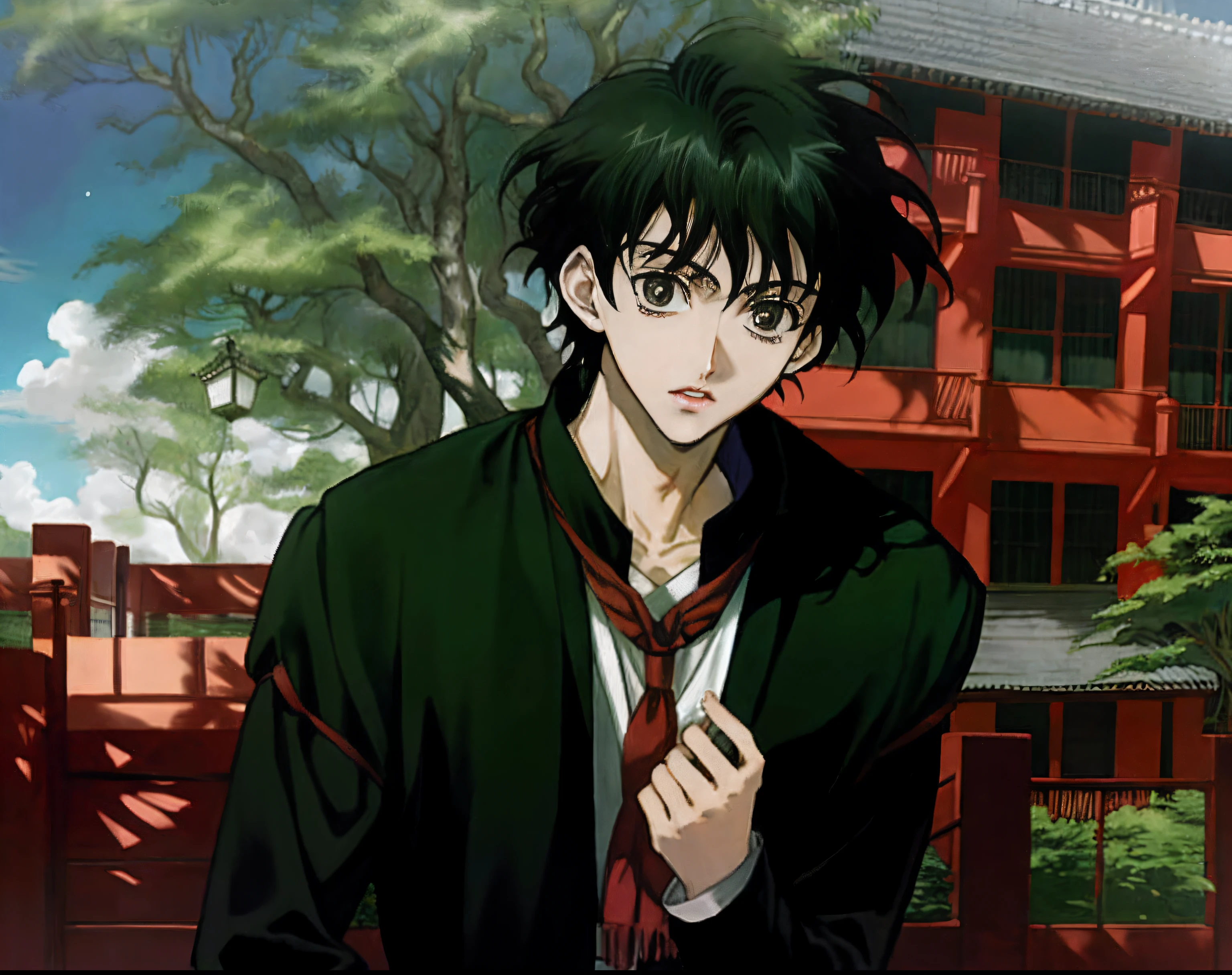 Chico de anime con chaqueta parado frente a un edificio, Kentaro Miura Estilo Manga, Estilo de Arte Kentaro Miura, Estilo Kentaro Miura, inspirado por Tomioka Tessai, Kentaro Miura estilo Manga Art, en estilo anime, en un estilo anime, inspirado por Ryuzaburo Umehara, Kentaro Miura!