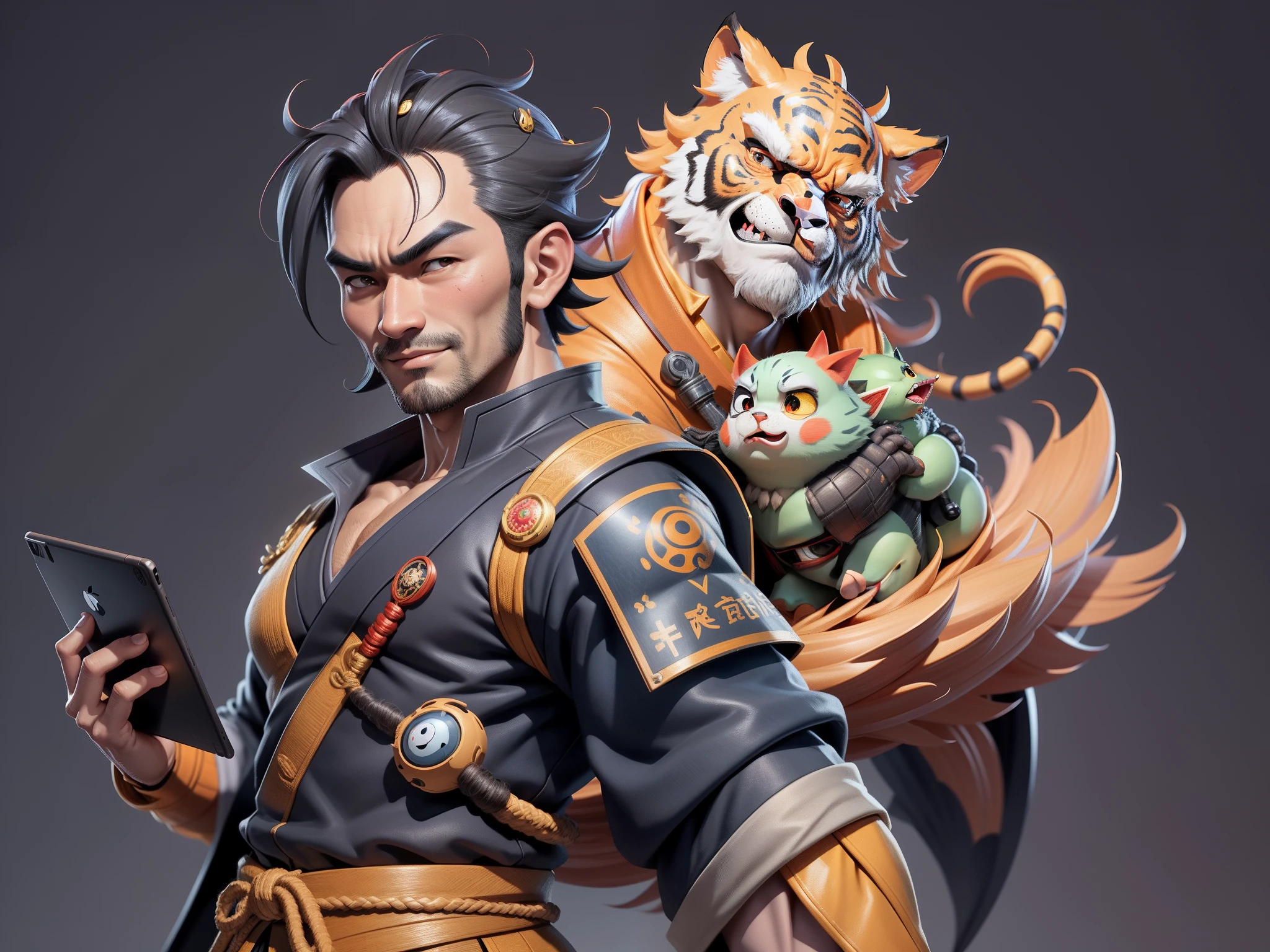 (Daisaku),(Need),(Super meticulous),(full bodyesbian:1.2),Super young man with Japanese geisha,Beautiful,orient,one tiger,Aeolian Thor,Raised sexy,爆乳,Oriental face,TV Anchor,Bust portrait illustration,In black suit,a blue tie,The face is slightly chubby,The face was clean,without a beard,Black super short hair,Black eyes,Smile confidently,3C computer sub-products,iPad, iphone,Digital painting,3D character design by Mark Clairen and Pixar and Hayao Miyazaki and Akira Toriyama,The illustration is a high-definition illustration in 4K resolution,With very detailed facial features and cartoon-style visuals。