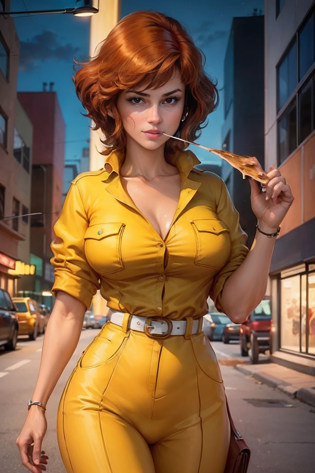 Disparo de vaquero, Abril O'Neil waifu, 1980s \(estilo\), 1 mujer, brown hair, Pelo rojo,pelo corto,cabello naranja,sonrisa feliz, Estilo de arte retro, pelo corto, solamente,sujetando microfono con las manos, mujer reportera television,hablando por el microfono, traje de jersey amarillo, white belt,traje de jersey en las caderas amarillo, (desnudo_senos: 1.2), Medio_senos, escote, ojos hiperrealistas, Hermosos ojos,ojos detallados, cara realista, mujer bella mujer, fondo realista,Calle urbana, Luces nocturnas de la calle, Amazing lights, amazing background,eating pizza slice, 🍕, chewing pizza, pizza in the mouth