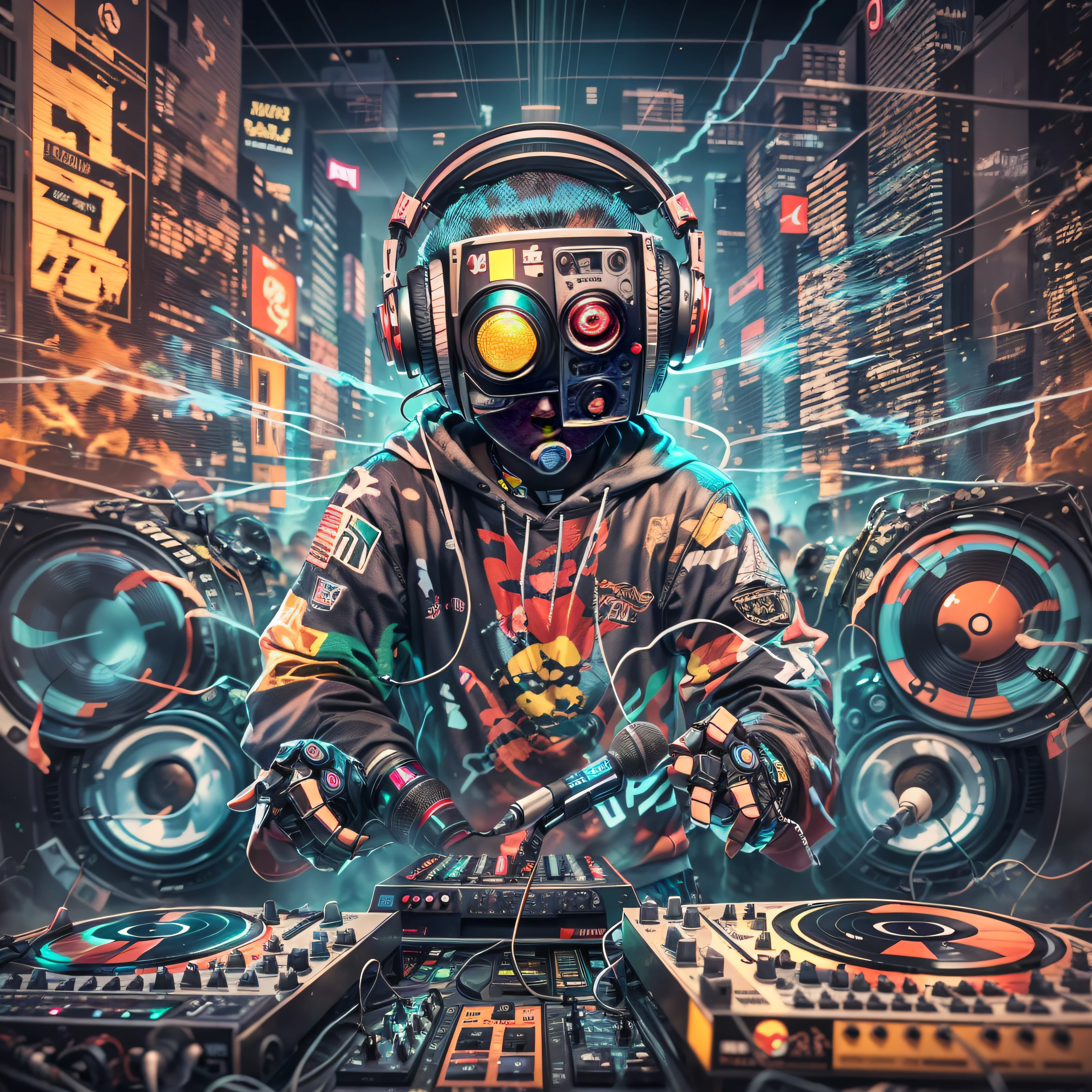 robot, japanese, cyborg, loudspeaker, vinyl, rapper, dj, A logo, headphones, keybord,  beatmaker, HIPHOP,  stage, street, colorful rays collide and merge, microphone, audience, japan, detailed background, electricity