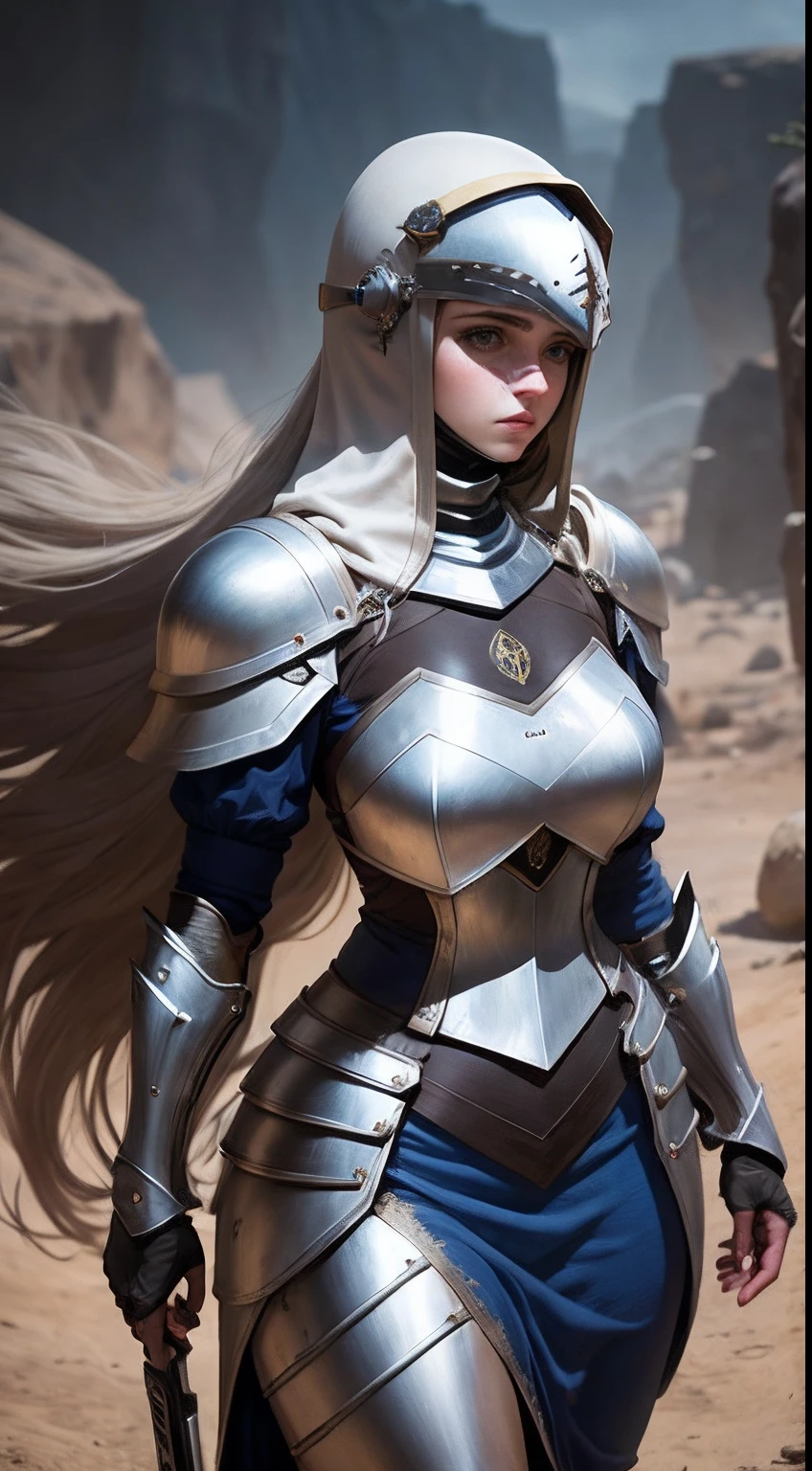 A woman in a silver armor holding a sword in a desert - SeaArt AI