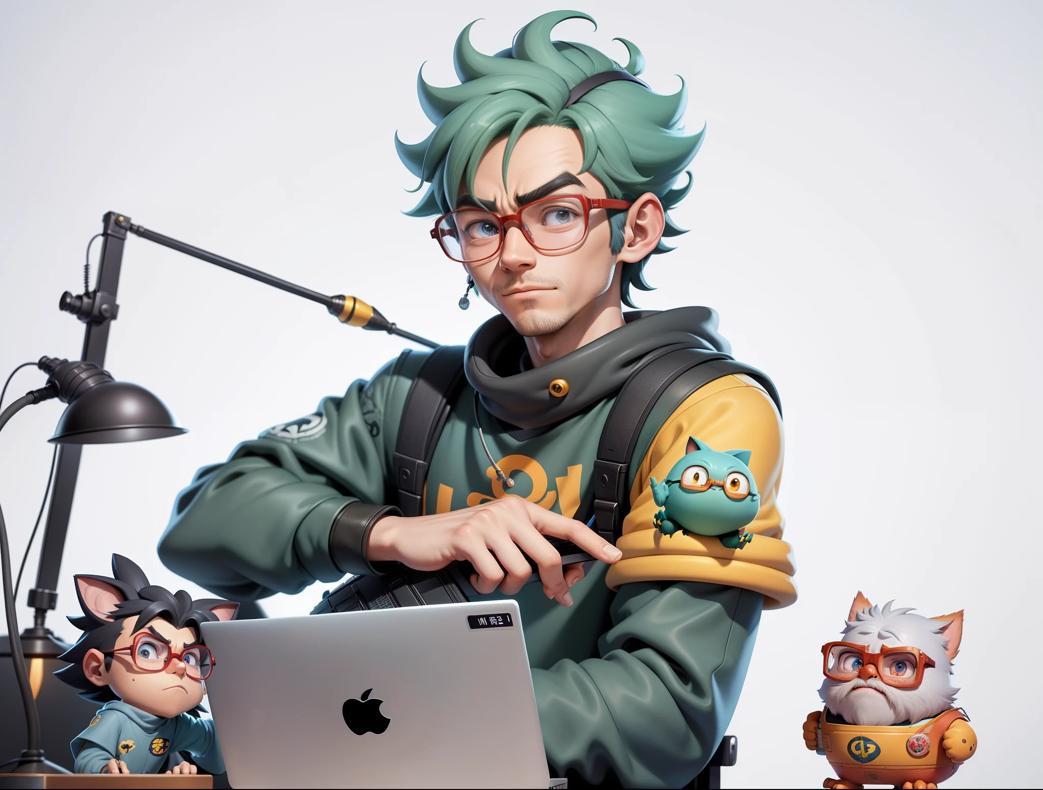 A young man with glasses sits at his desk,holding laptop,digitial painting,3D character design by Mark Clairen and Pixar and Hayao Miyazaki and Akira Toriyama,4K HD illustration,Very detailed facial features and cartoon-style visuals。