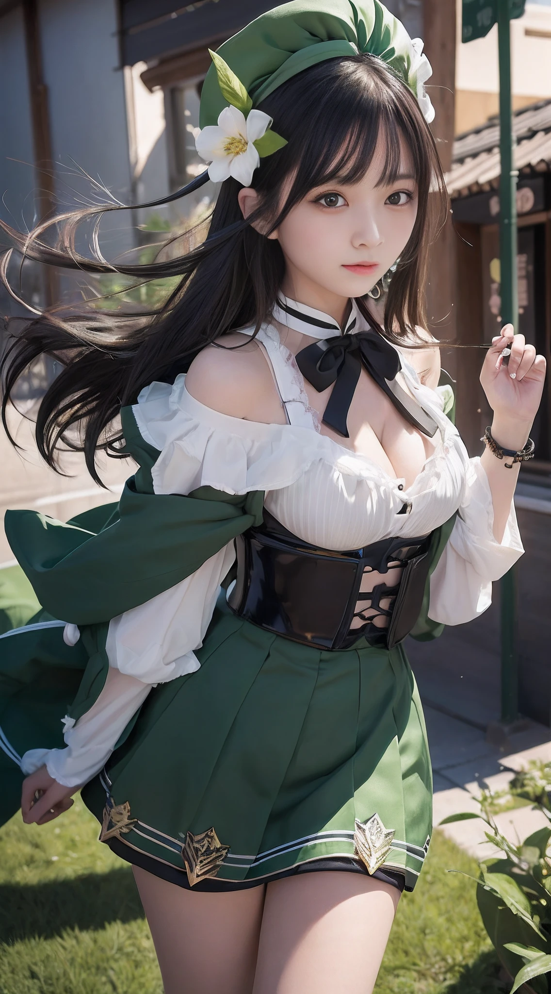 1girl, venti, from genshin inpact, cute hot, happy, green eyes sakura, long black hair, attribute full white and green and black, black tape and green tape, big tits, big thighs, beautiful, realistis, ultra detail,