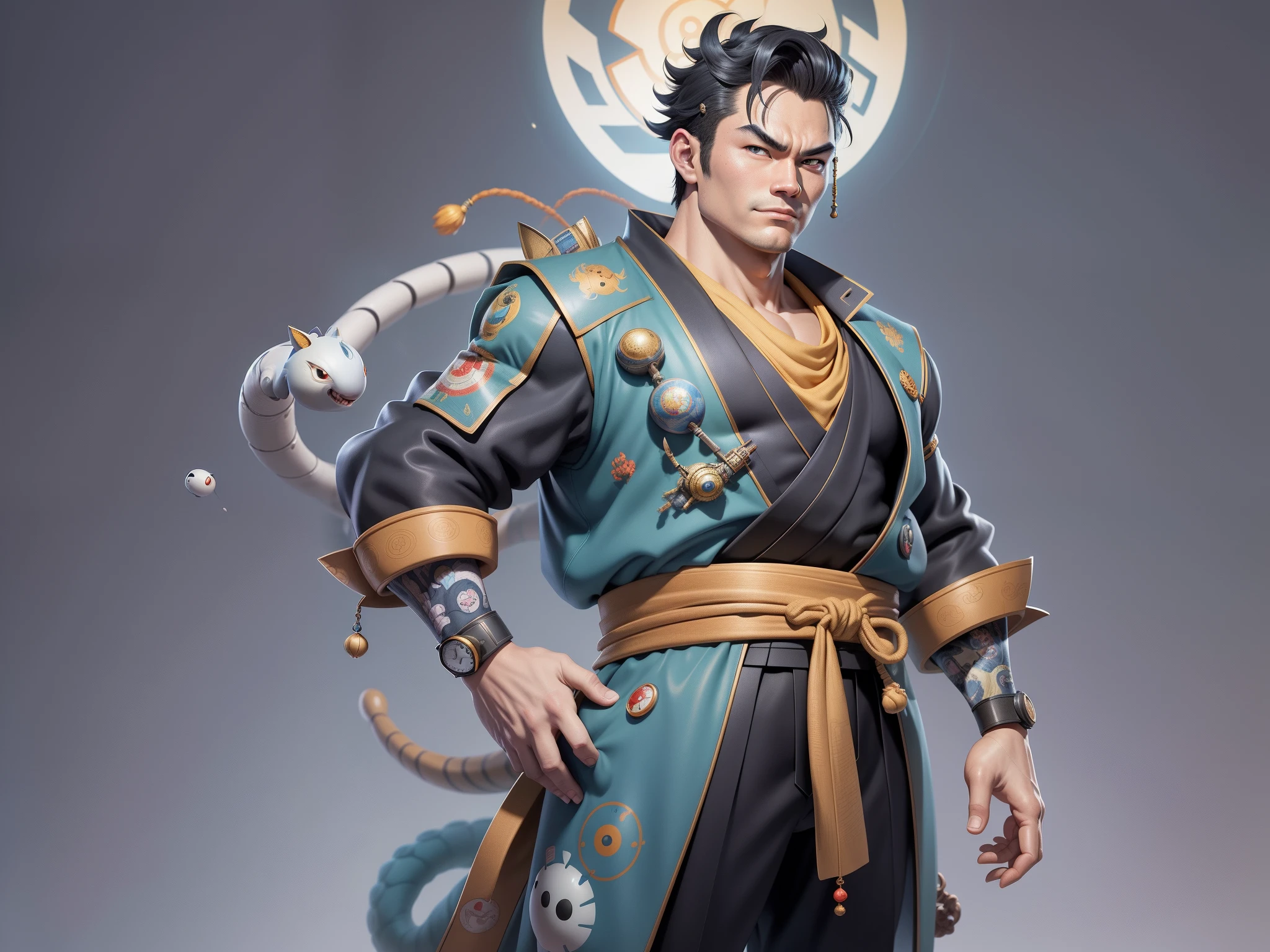 (Masterpiece), (Excellent), (Super Meticulous), (Full Body: 1.2), Super Young Man, Oriental Face, Japanese Kimono, Japanese Wind Thunder God, Dragon, Tiger, TV Anchor, Bust Portrait Illustration, Alone, Black Suit, Blue Tie, Slightly Chubby Face, Very Clean Face, No Beard, Black Super Short Hair, Black Eyes, Confident Smile, 3c Computer Sub-Products, iPad, iPhone, Digital Painting, 3D Character Design by Akira Toriyama and Mark Claireden and Pixar and Hayao Miyazaki, The illustration is a high-definition illustration in 4K resolution with very detailed facial features and cartoon-style visuals.