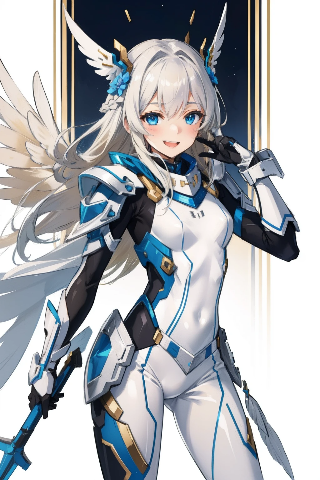 (master piece, Best Quality), Intricate details, valkyrie, kawaii, Happy, (((Laugh))), Villainous smile, Hand up, Looking at Viewer, Feather Headgear, Flower meadow, flat breast
1 girl in, Solo, Portrait, Plutinum Blonde Hair, drooping iceblue eyes, Silver Single Thigh, White Independent Single Sleeve, gloves, Single braid,
mecha musume, White bodysuit, Silver Reinforced Suit, Mini Feather Wings, silver pantyhose, full armor, flower decoration, equip sword,