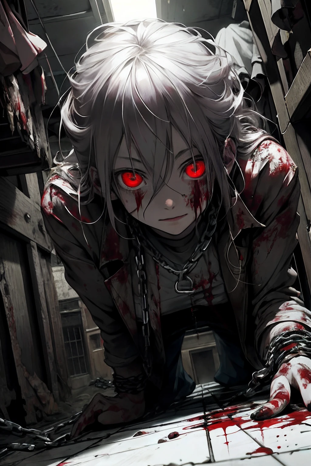 masterpiece, best quality, 1 girl, supine, lying face down on the floor, pale skin, messy hair, red eyes, glowing eyes, creepy, creepy smile, crazy expression, blood on face, blood on clothes, naked, creepy, scary, blood, horror, light particles, night, iron bracelets with chains,