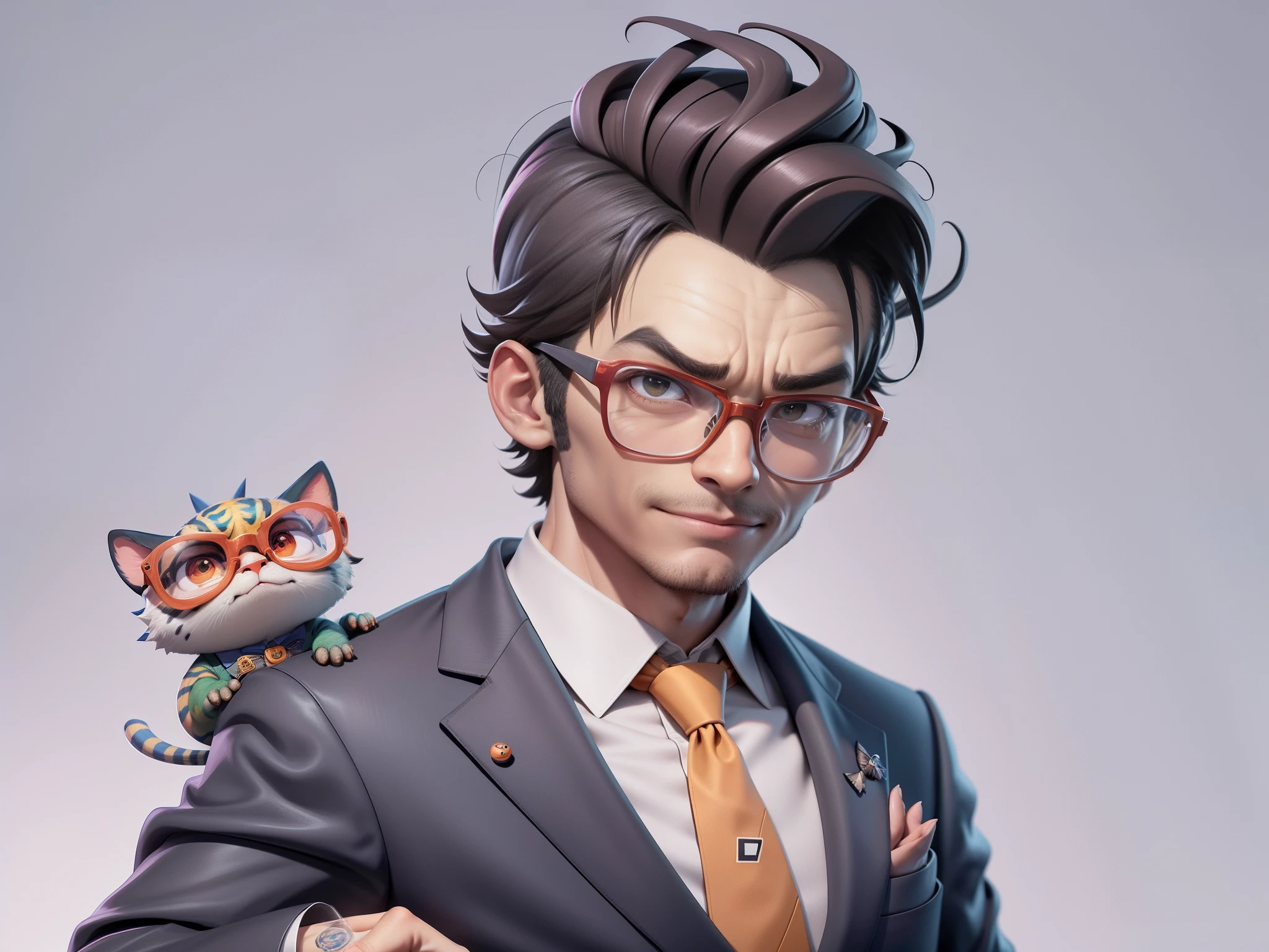 (Masterpiece), (Extreme Quality), (Super Meticulous), (Full Body: 1.2), Super Young Man, Chinese Dragon, Tiger, Wind God Thor, Sexy, Bursting, Oriental Face, TV Anchor, Bust Portrait Illustration, Black Formal Suit, Blue Tie, Slightly Chubby Face, Silver Glasses, Very Clean Face, No Beard on Chin, Black Super Short Hair, Black Eyes, Confident Smile, 3c Computer Sub-Products, iPad, iPhone, Digital Painting, 3D Character Design by Mark Claireden and Pixar and Hayao Miyazaki and Akira Toriyama, The illustration is a high-definition illustration in 4K resolution with very detailed facial features and cartoon-style visuals.