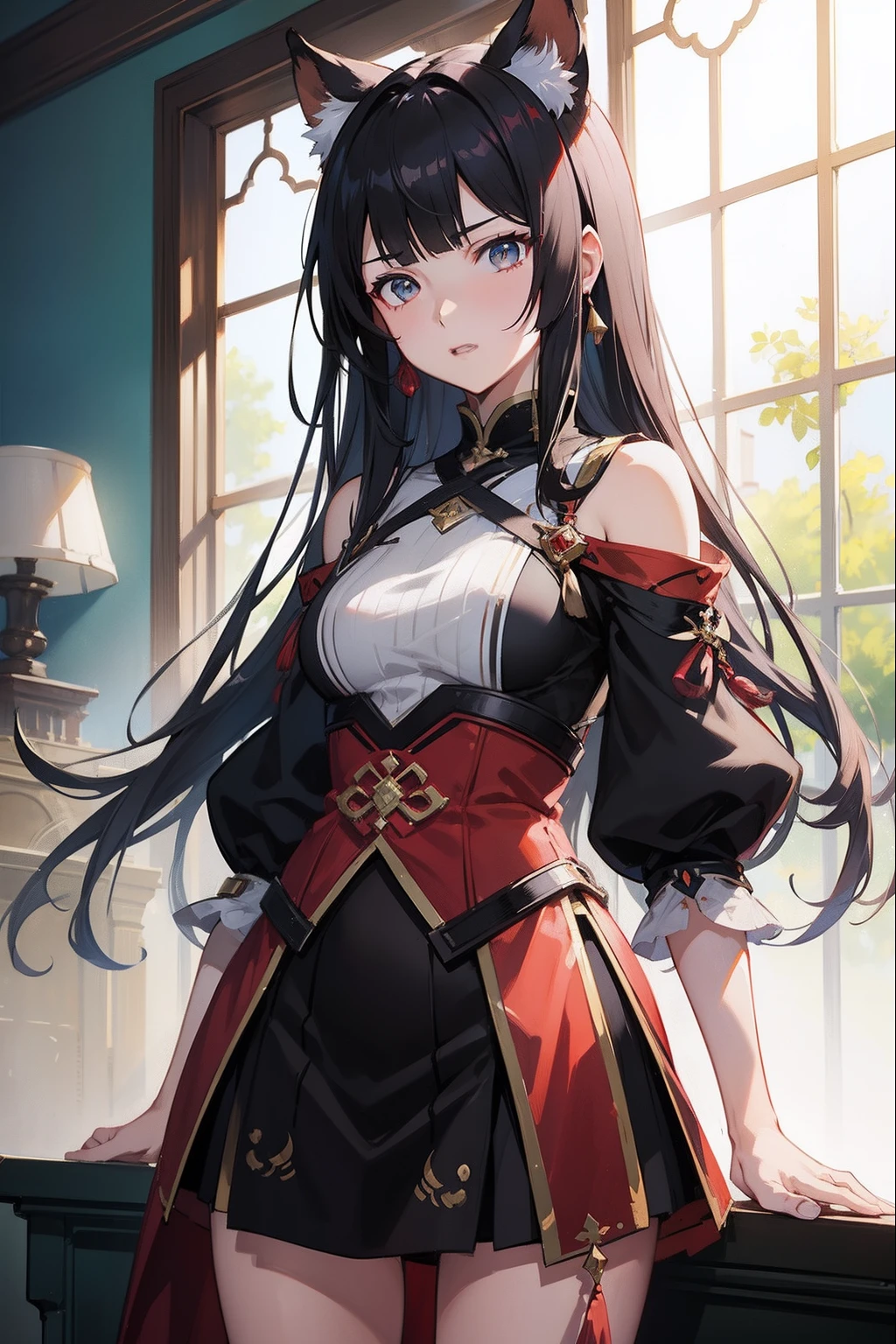 anime com cabelo vermelho e um vestido preto em uma borda, Cushart Krenz arte chave feminina, tou, Cushart Krenz, Cushart Kenz, Guweiz em Pixiv ArtStation, arte chave detalhada do anime, Arte Oficial, Loli, cto de Ayaka Genshin, Cushart, pixiv 3dcg |, arte oficial