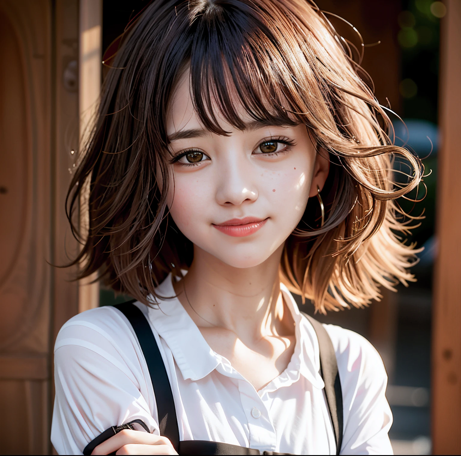 Close-up of a woman in a white shirt,Charming smile,young and cute girl, Neatly short hair,By bangs, clear cute face, , cute round slanted eyes, Korean girl